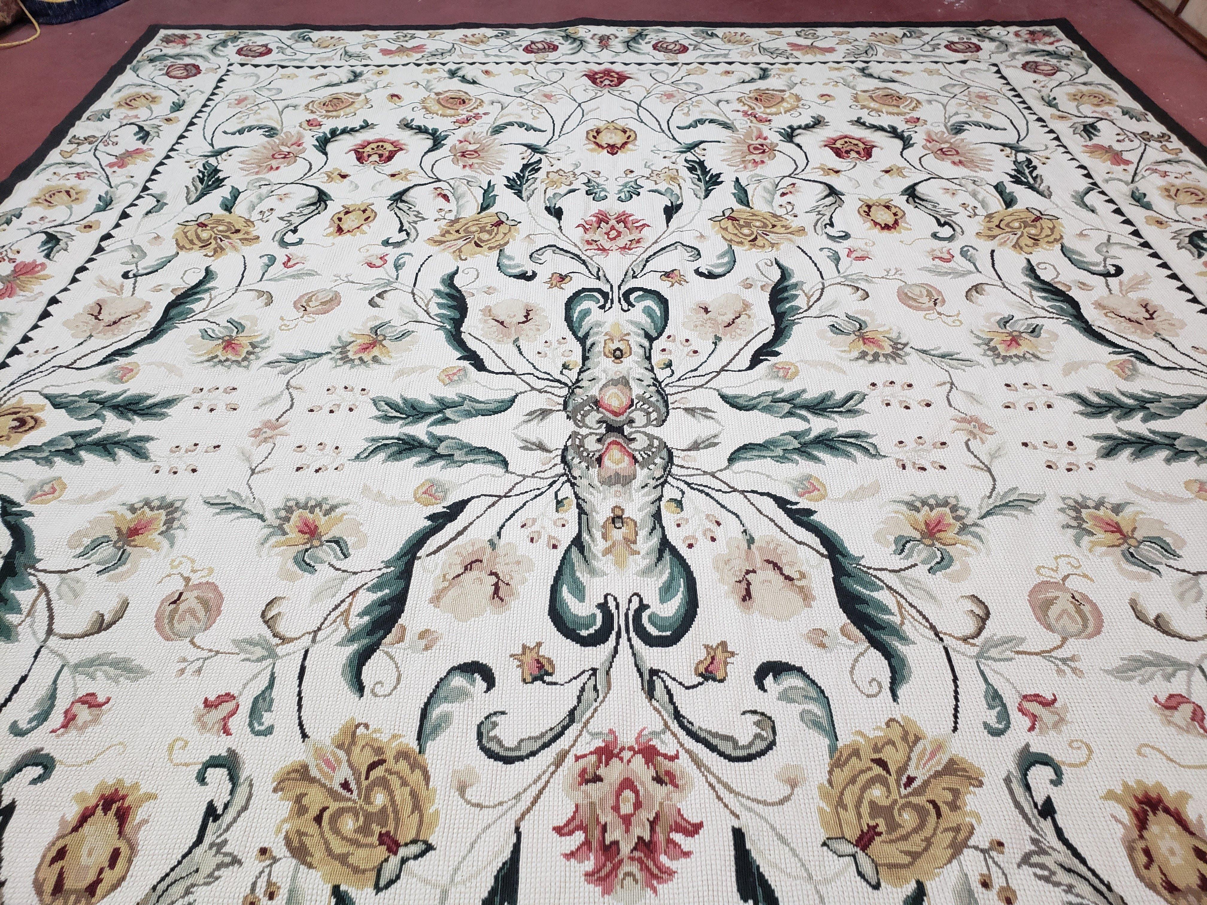 New Needlepoint Rug 9x12, Hand Woven Wool Area Rug, Flatweave Carpet, Handmade Chinese Needlepoint, Floral European Design, Ivory Background