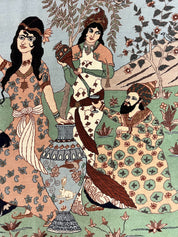 Indo Persian Pictorial Rug 4x7, Handmade Hand Knotted Wool Semi Antique Horizontal Carpet, Men & Women Drinking, Fine Rug, Bird Pictorials