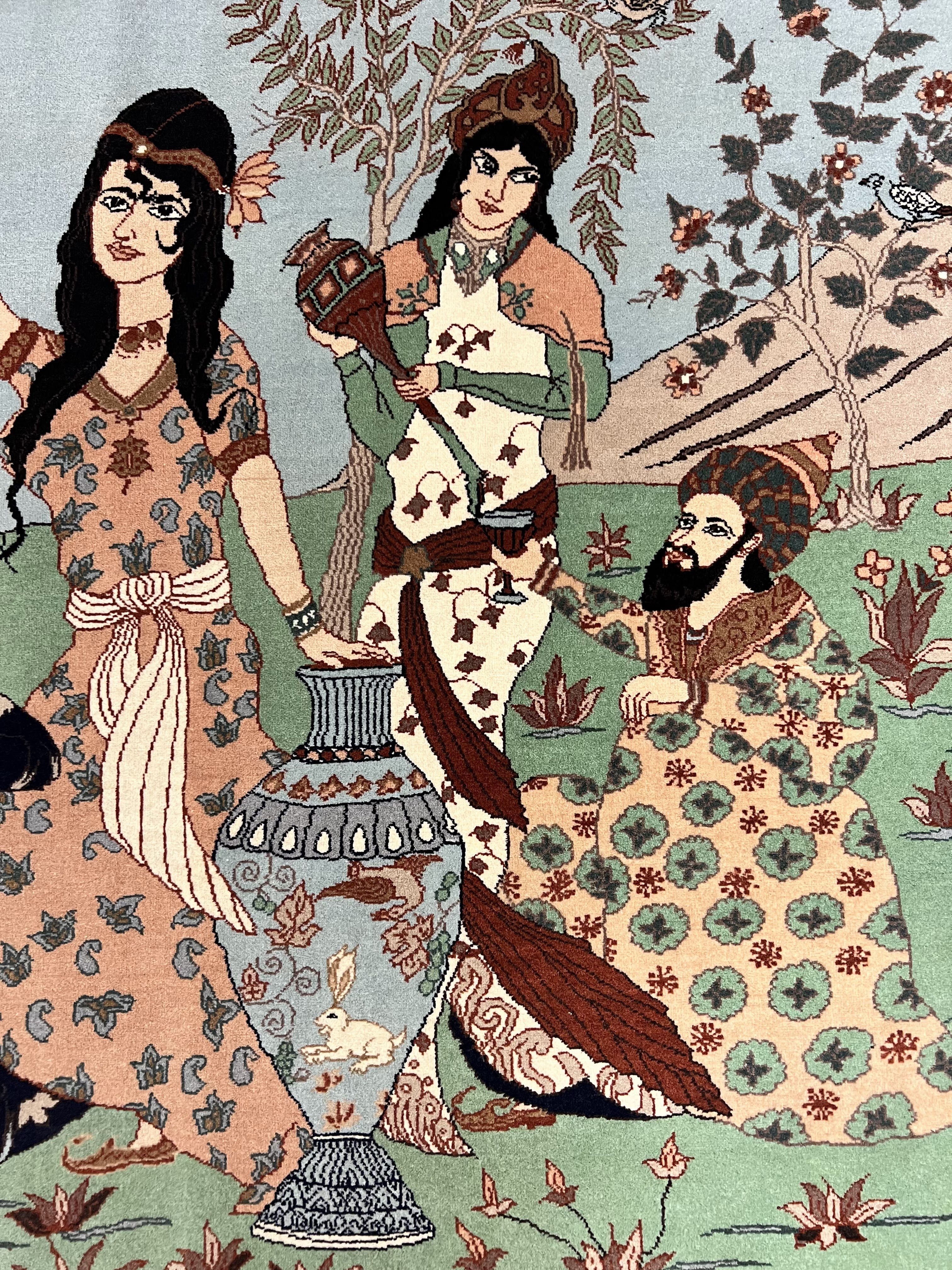 Indo Persian Pictorial Rug 4x7, Handmade Hand Knotted Wool Semi Antique Horizontal Carpet, Men & Women Drinking, Fine Rug, Bird Pictorials