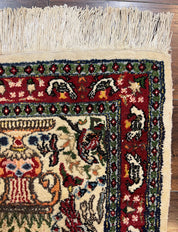 Small Indo Persian Rug 2x3 ft, Wool with Silk Highlights, Animal Pictorial Motifs Birds Vase Flowers, Cream and Maroon, Hand Knotted Fine