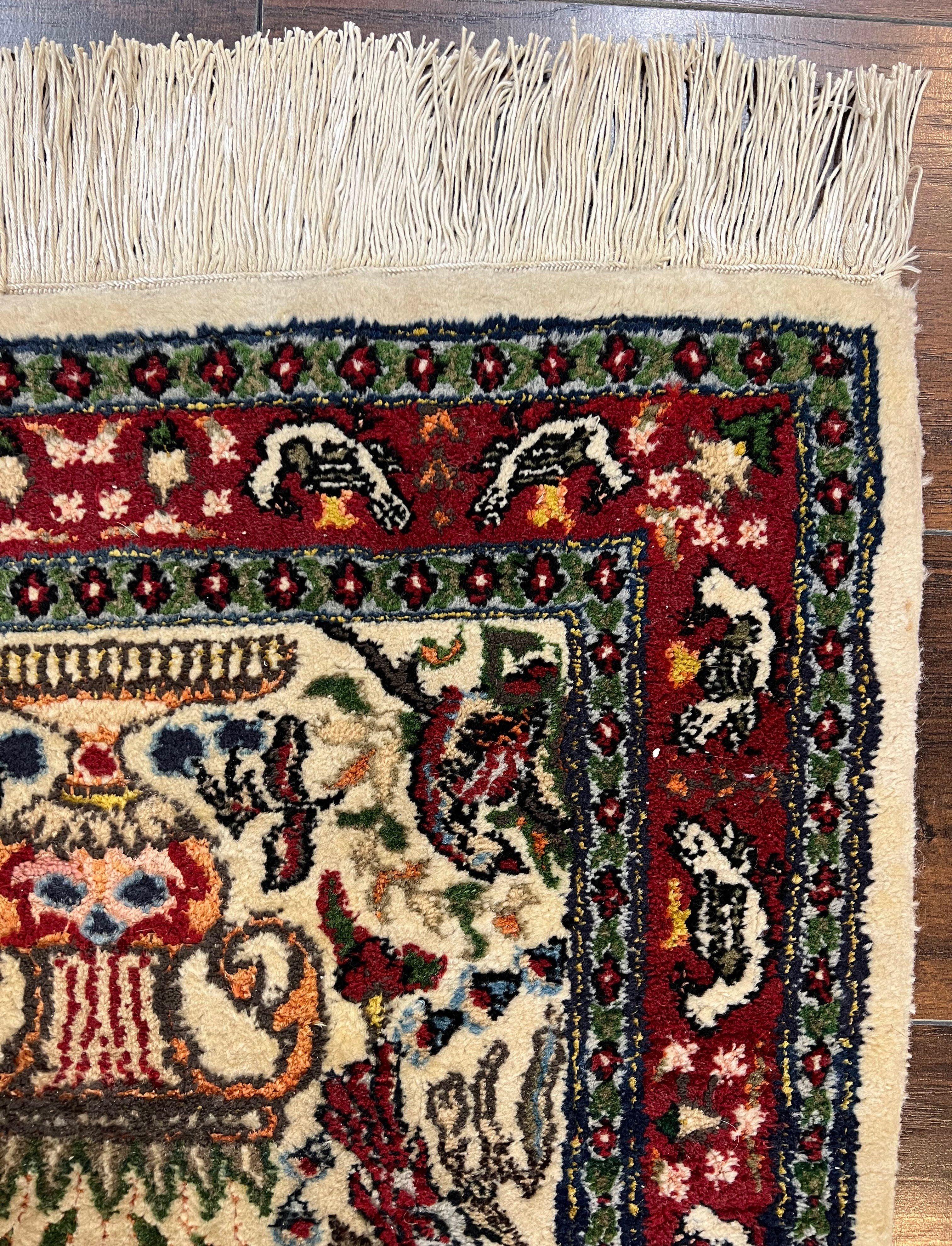 Small Indo Persian Rug 2x3 ft, Wool with Silk Highlights, Animal Pictorial Motifs Birds Vase Flowers, Cream and Maroon, Hand Knotted Fine