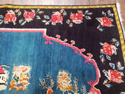 Antique Persian Pictorial Rug 4'6" x 9', Wool Hand-Knotted Blue Roses Karabagh Caucasian Carpet, 1920s Girl Deer Tapestry Wall Hanging Rug