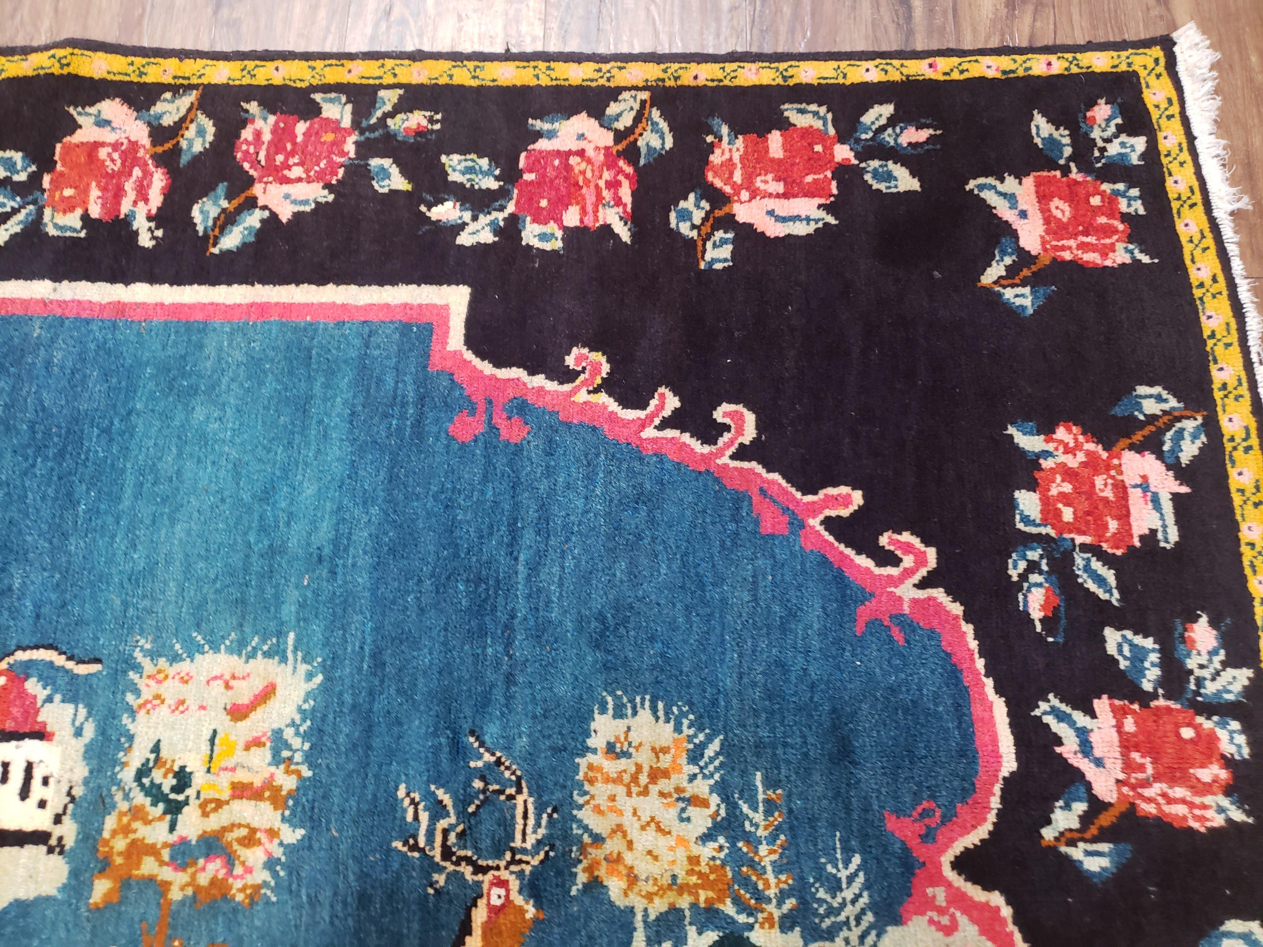 Antique Persian Pictorial Rug 4'6" x 9', Wool Hand-Knotted Blue Roses Karabagh Caucasian Carpet, 1920s Girl Deer Tapestry Wall Hanging Rug