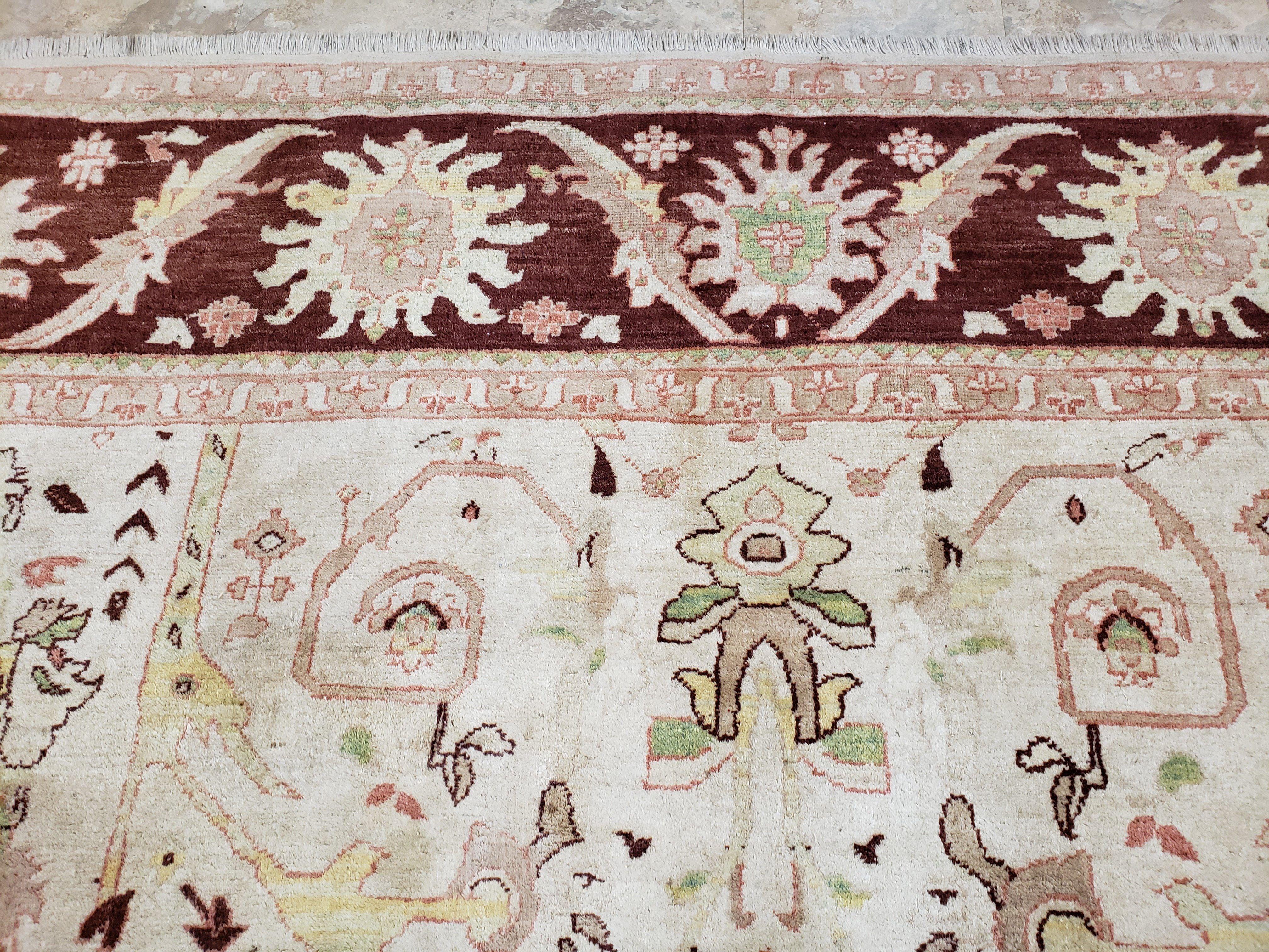 Beige and Maroon Peshawar Rug 10x15, Large Oushak Carpet, Pakistani Rug, Handmade Area Rug, Hand Knotted Rug, Living Room Rug, Nice Wool Rug
