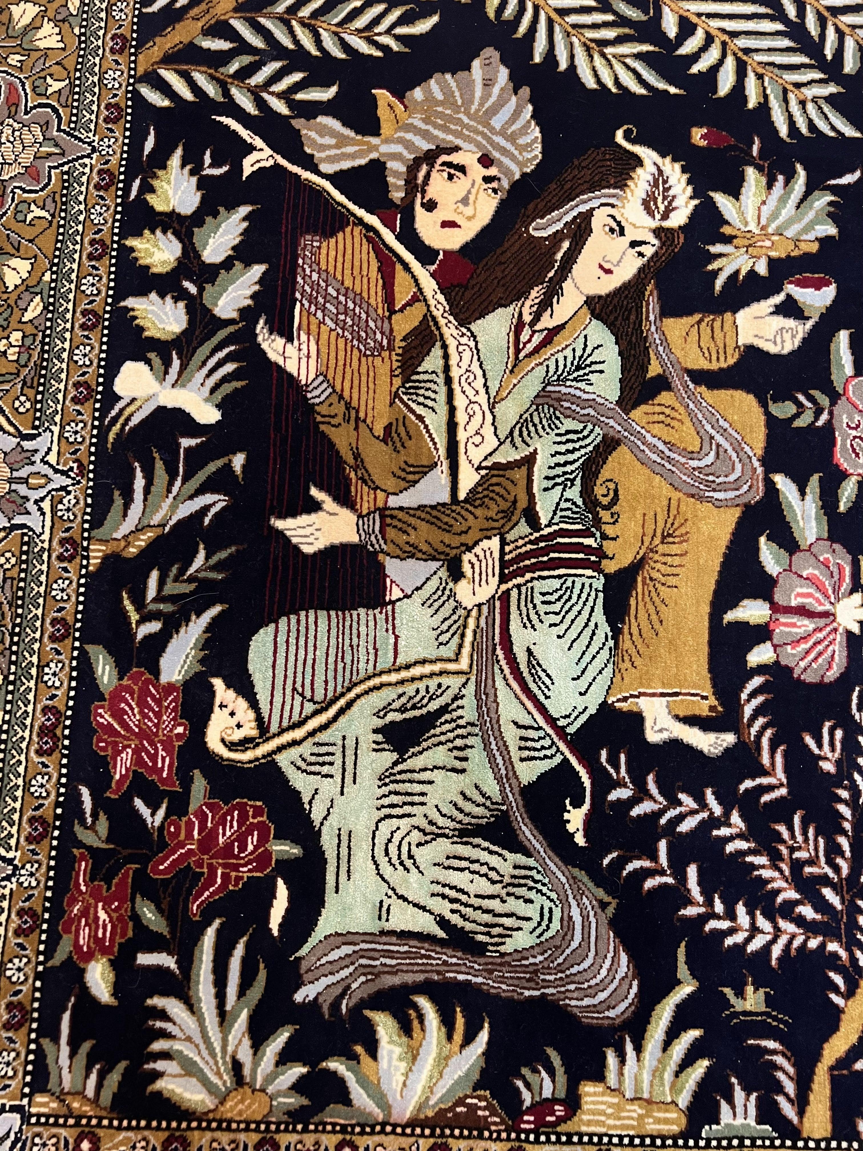 Persian Qum Pictorial Rug 4.8 x 6.5 - Layla & Majnun, Birds