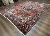 Antique Persian Heriz Rug 8x11, Geometric Tribal Wool Carpet, Brick Red