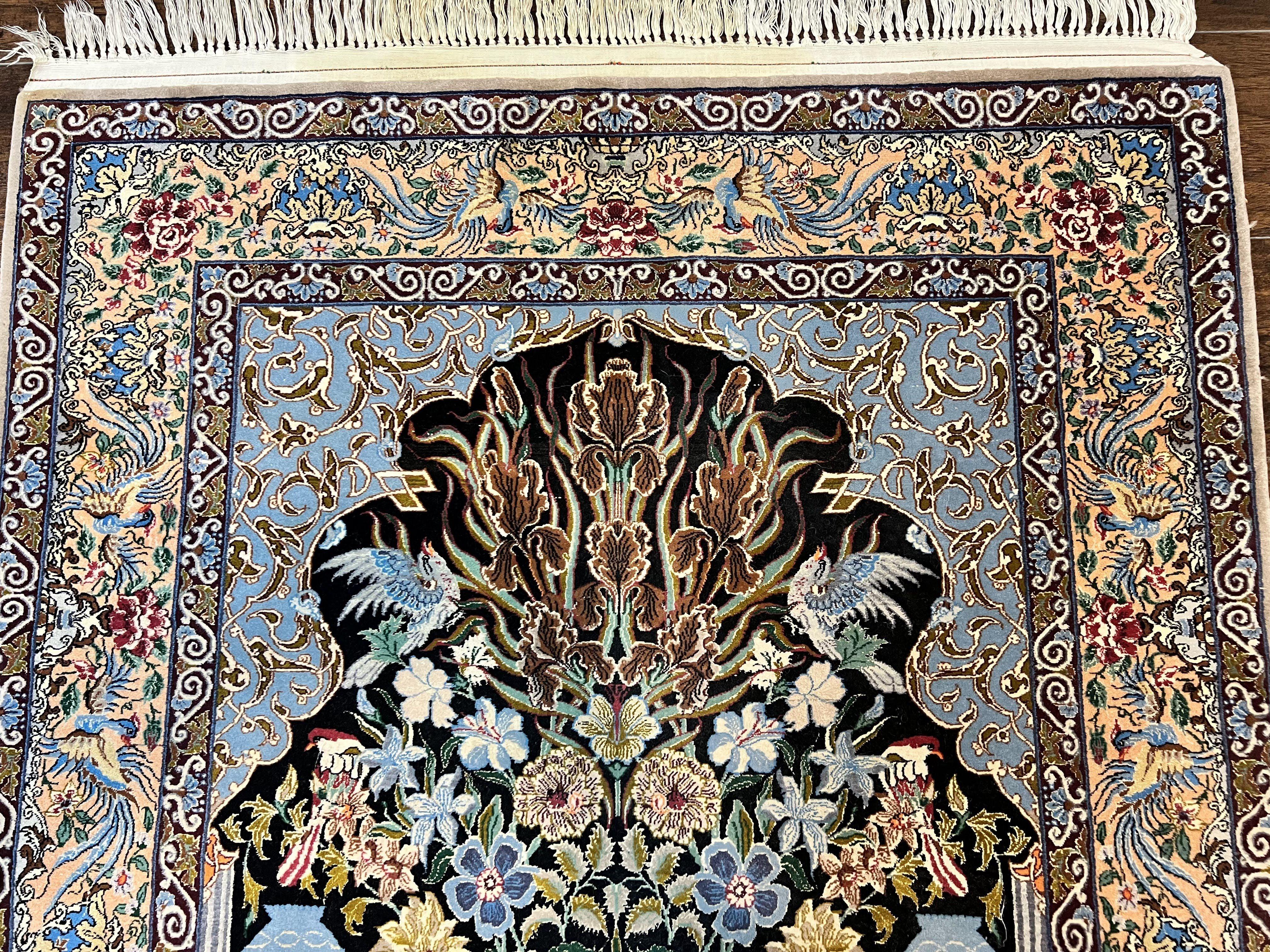 Wonderful Persian Isfahan Rug 3.7 x 5, Kork Wool on Silk Foundation, Very Fine 460 KPSI, Tree of Life Persian Vase Design Animal Pictorials Peacocks