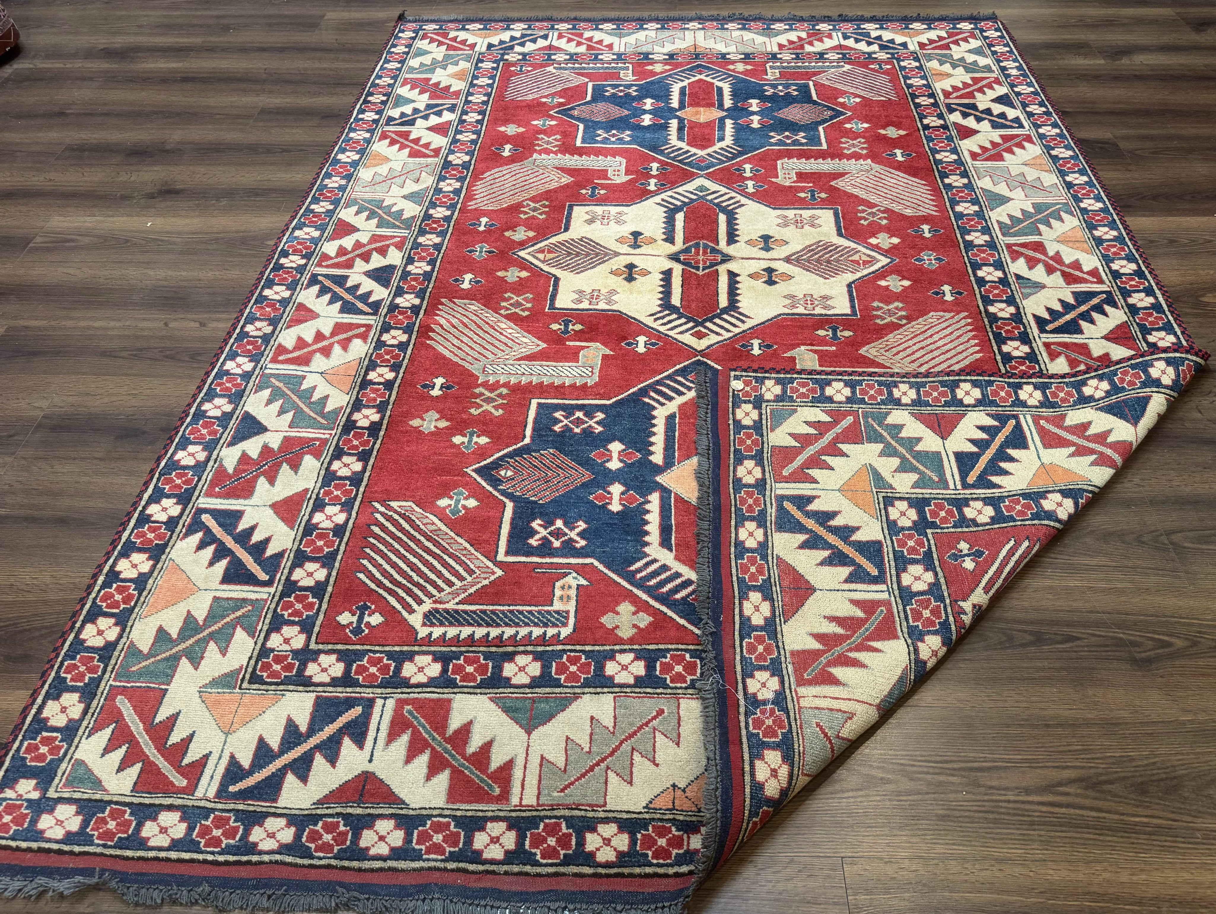 Turkish Kazak Rug 6x8, Caucasian Design, Geometric Medallions, Red Blue Beige