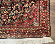 Antique Persian Sarouk Rug 4x5, Dark Blue and Red, Floral Medallion, Fine