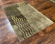 Modern Tibetan Wool Rug 3.6 x 5.6, Shades of Green, Abstract Design