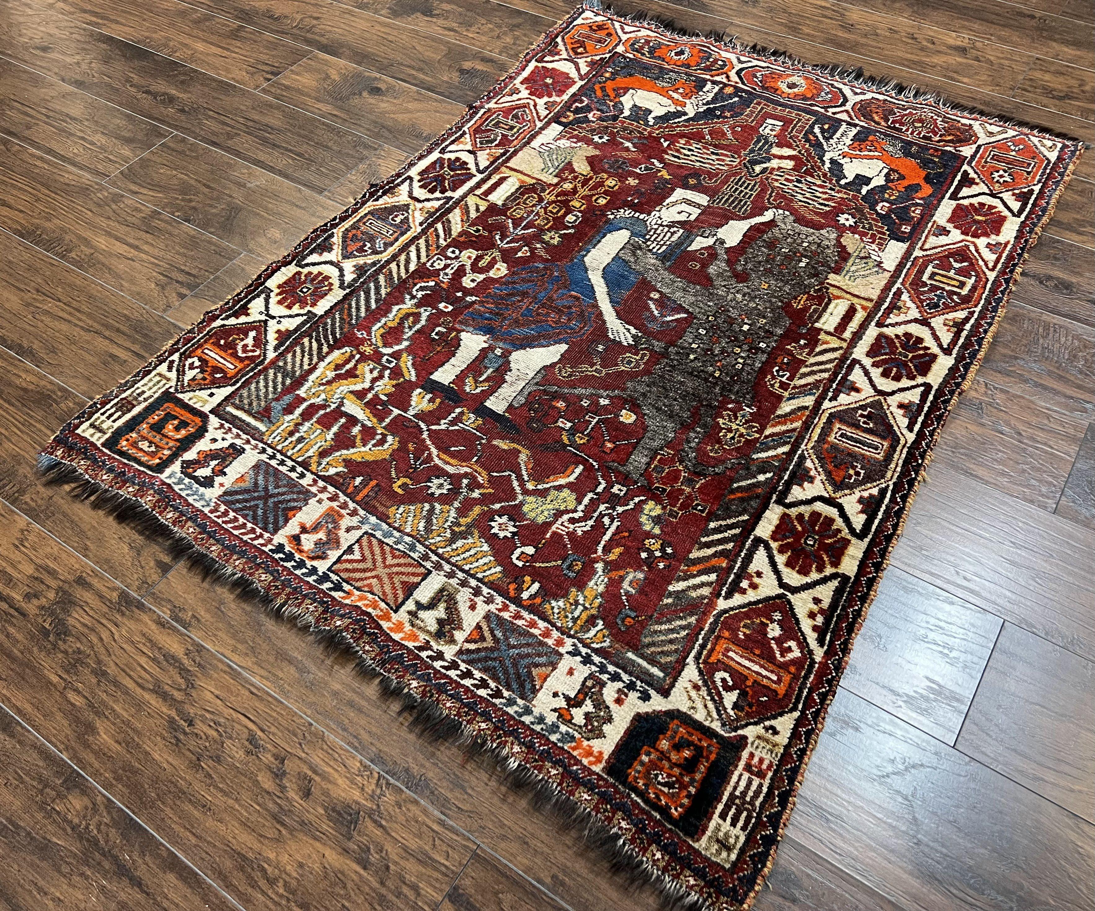 Antique Persian Shiraz Pictorial Rug 3.6 x 5, Persian Tribal Rug, Handmade, Lions, Highly Unique Collectible Small Persian Carpet, Maroon, Wool