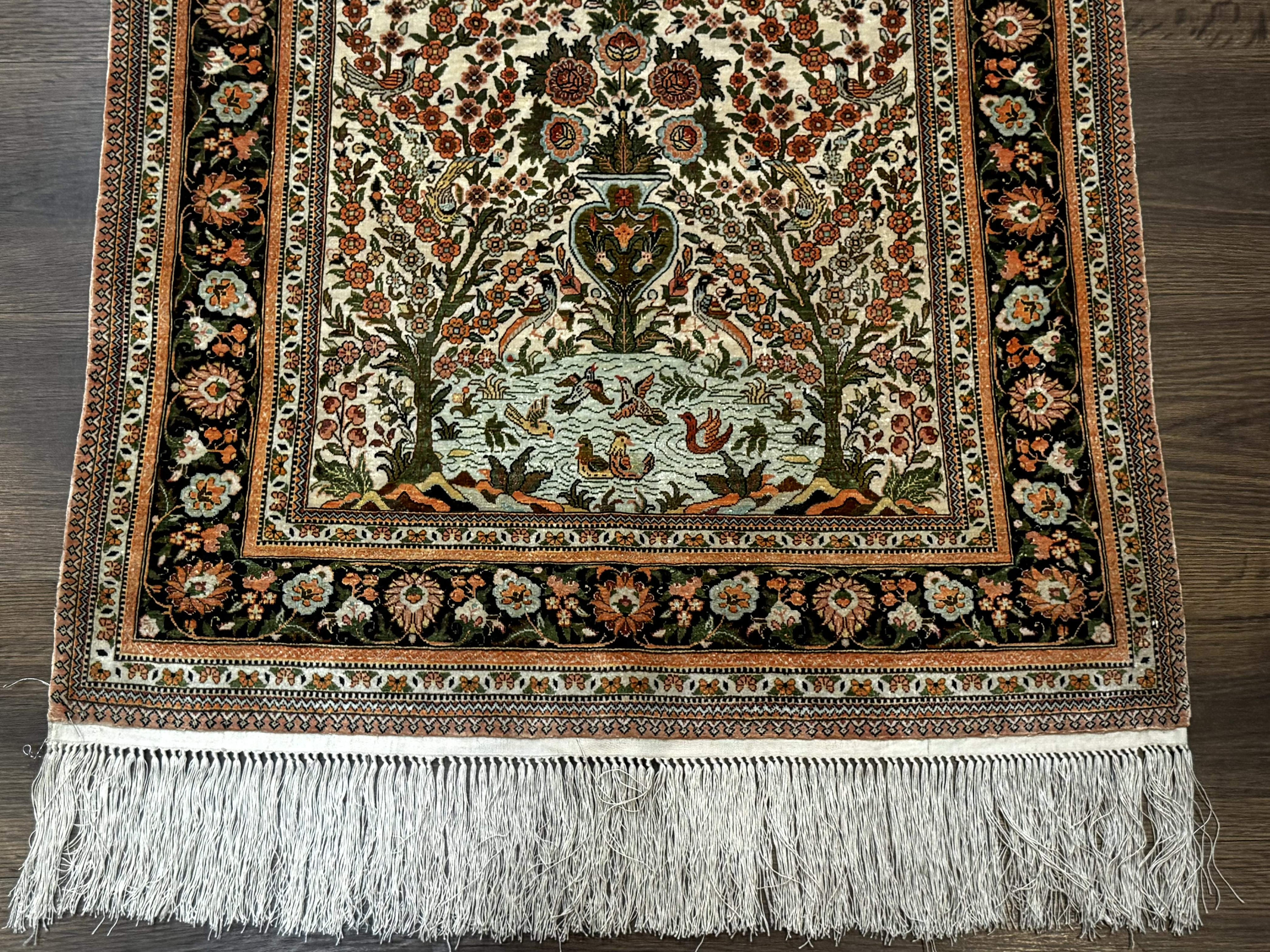 Exceptional Silk Rug 2.6 x 4, Very Fine 630 KPSI, Persian Vase Tree of Life Bird Pictorials, Handmade