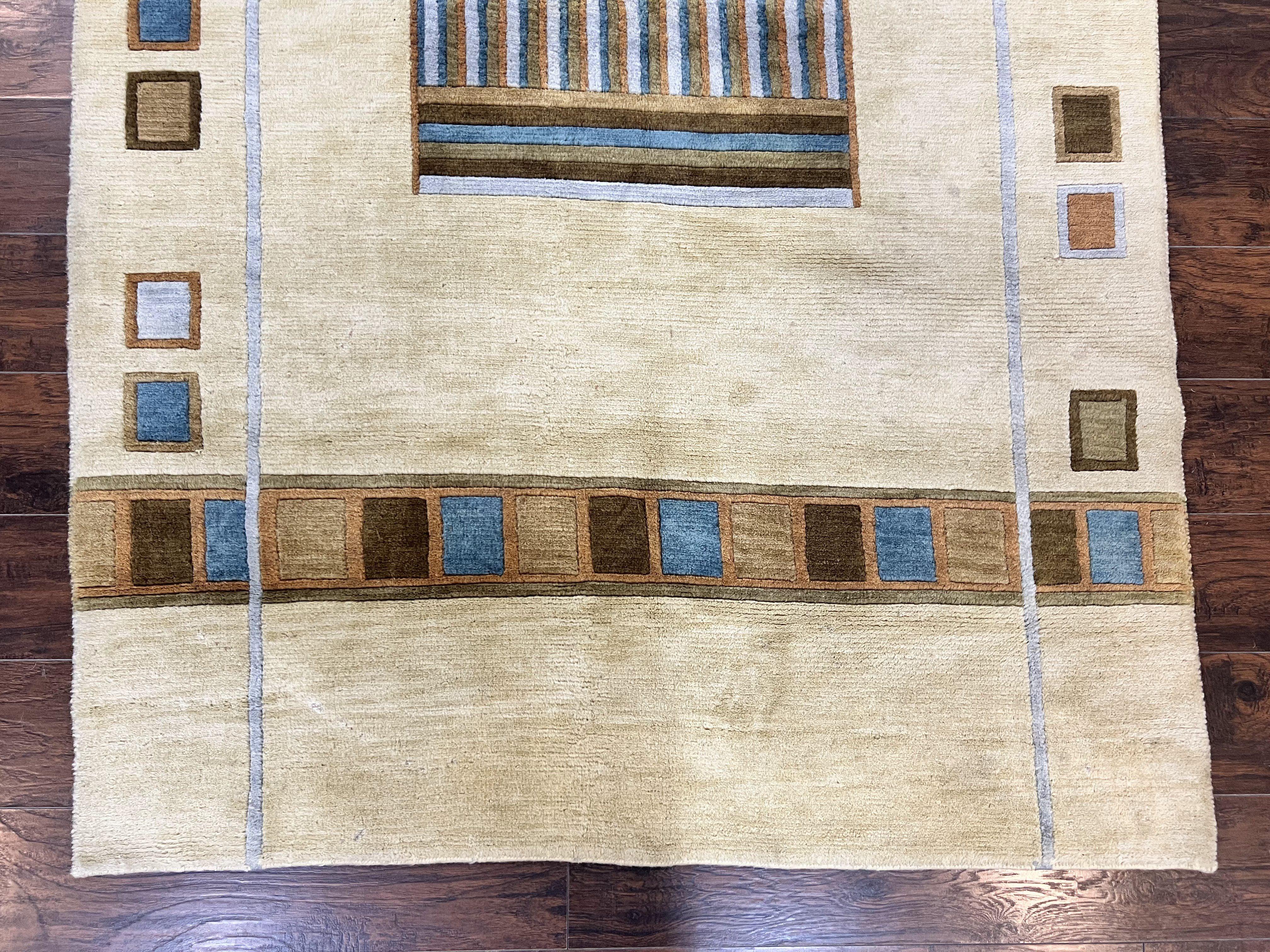 Tibetan Rug 5x8, Contemporary Rug 5 x 8 ft, Cream Brown Blue Hand-Knotted Wool w/ Silk Highlights Tibetan Carpet, Modern Rug