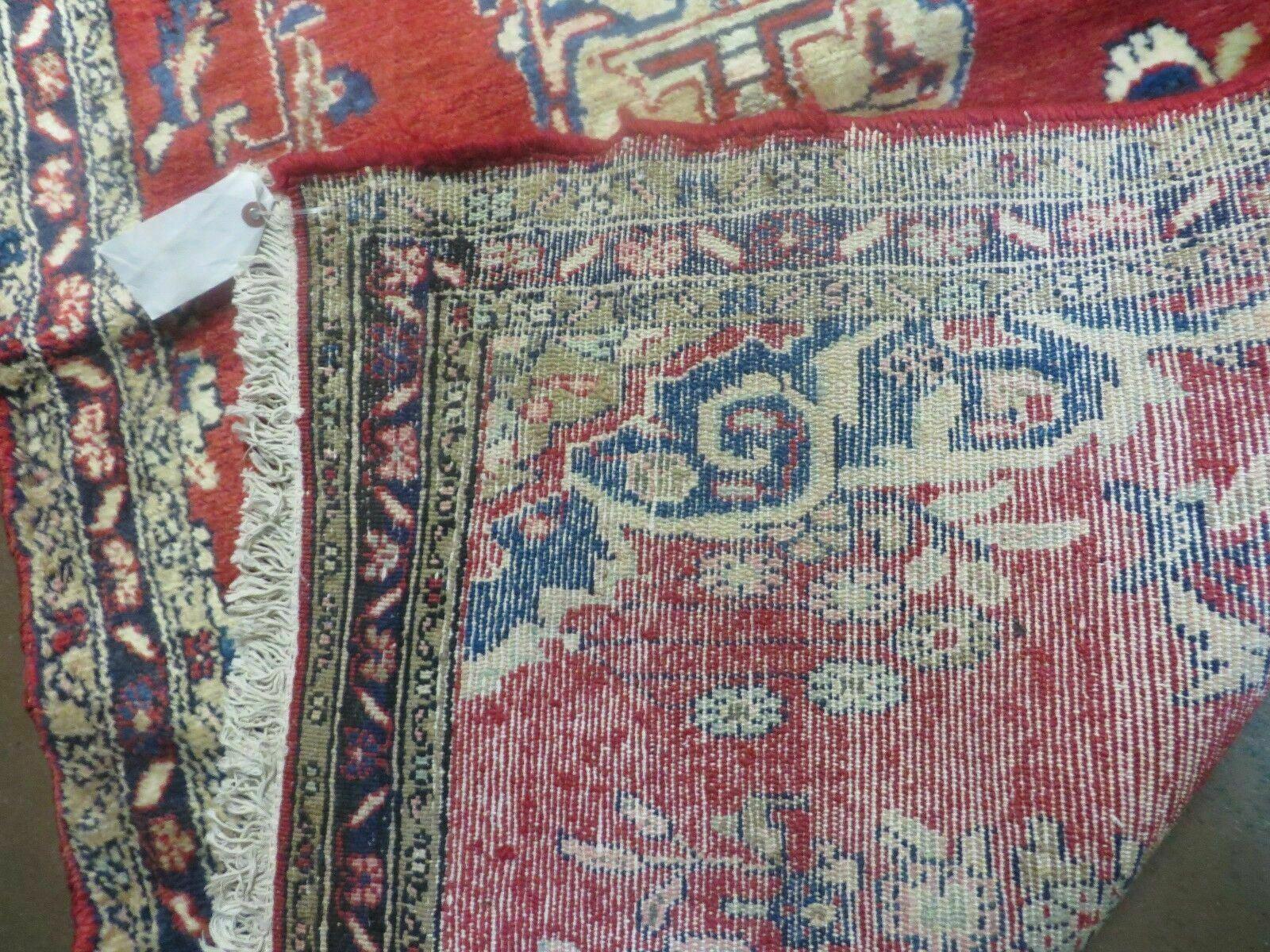 Persian Runner Rug 3 x 12, Antique Wool Oriental Runner, Floral Vases, Red & Navy Blue