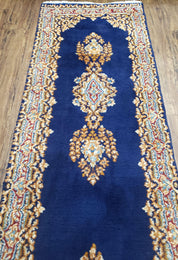 Semi Anique Dark Blue Persian Kerman Runner, 2'7" x 13'5"