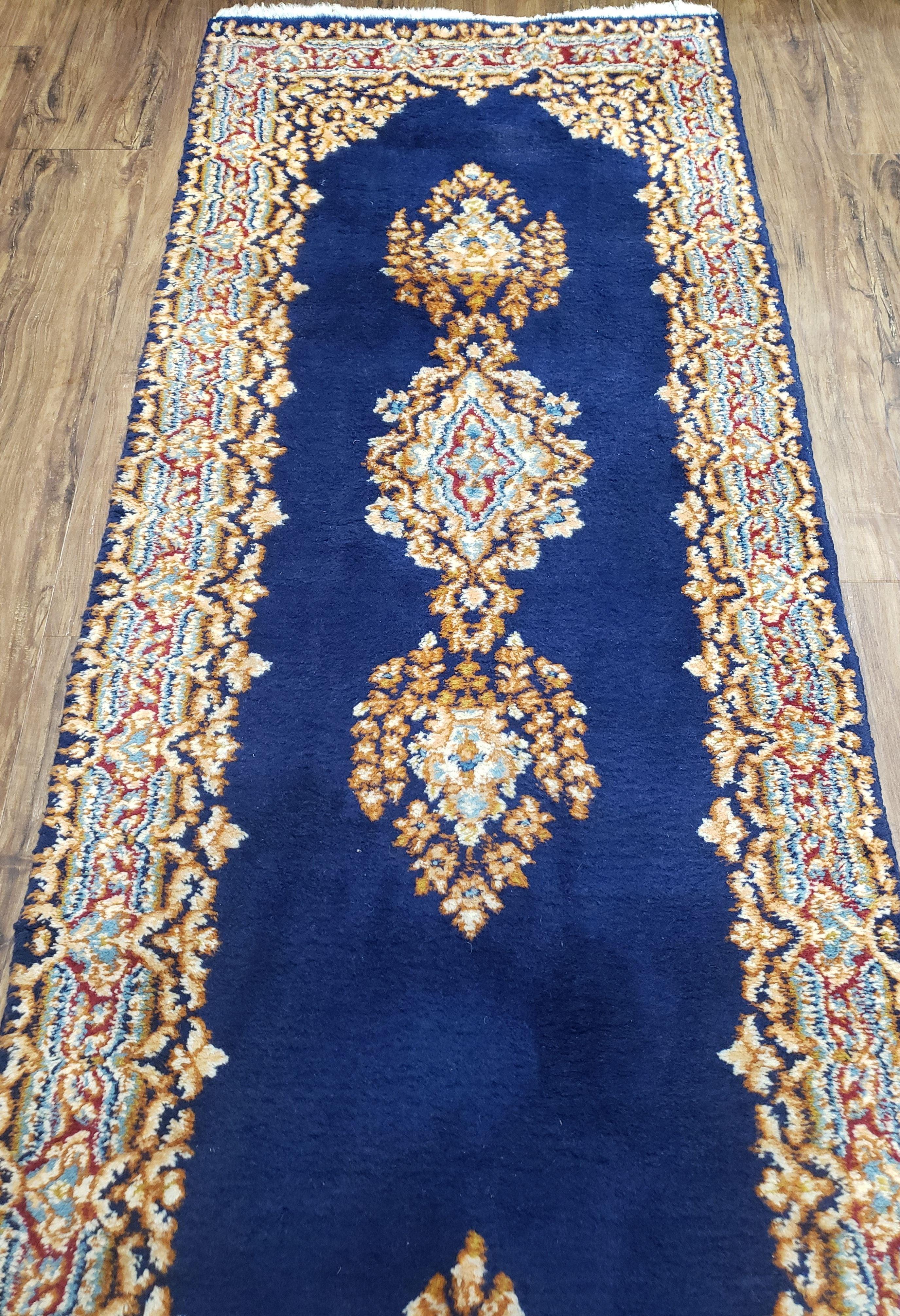 Semi Anique Dark Blue Persian Kerman Runner, 2'7" x 13'5"