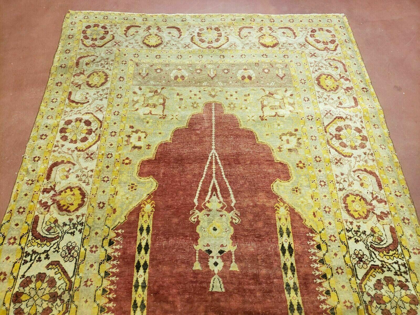 4' 5" X 7' Antique HandmadeTurkish Prayer Melas Oushak Wool Rug Mehrab Nice