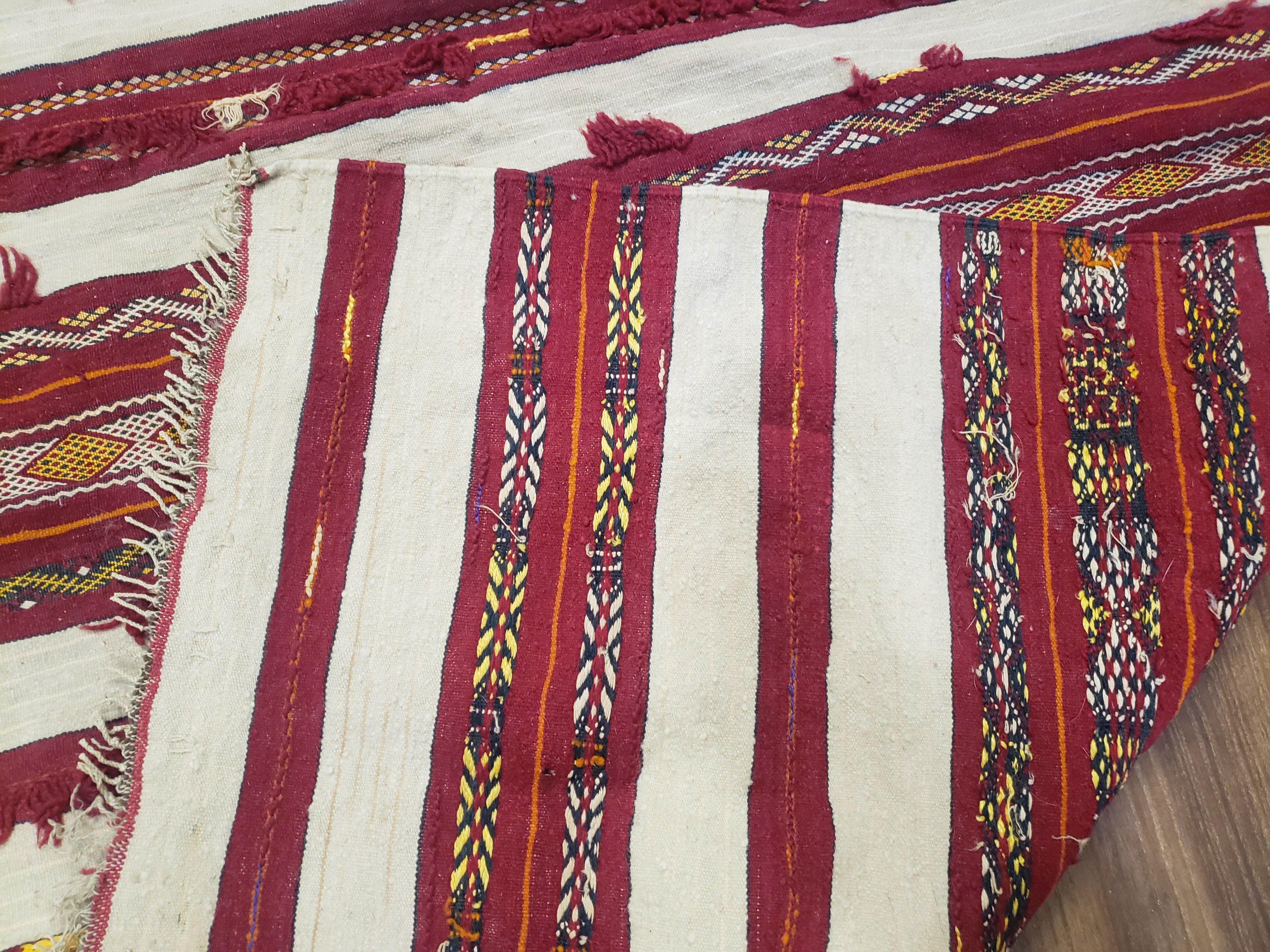 Antique Turkoman Yamud Rug 3x5 ft, 1920s Turkmen Sofreh Table Cover, Bohemian Rug, Tribal Collectible, Striped Rug, Handmade Ivory and Red