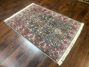 Silk Indian Kashmiri Rug 4x6, Tree of Life Pattern, Birds, Fine 290 KPSI, Navy Blue and Red, Handmade Oriental Carpet