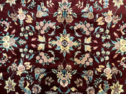 Indo Persian Rug 8x10, Floral Allover with Bird Pictorials, Maroon and Navy Blue, Handmade Wool Area Rug