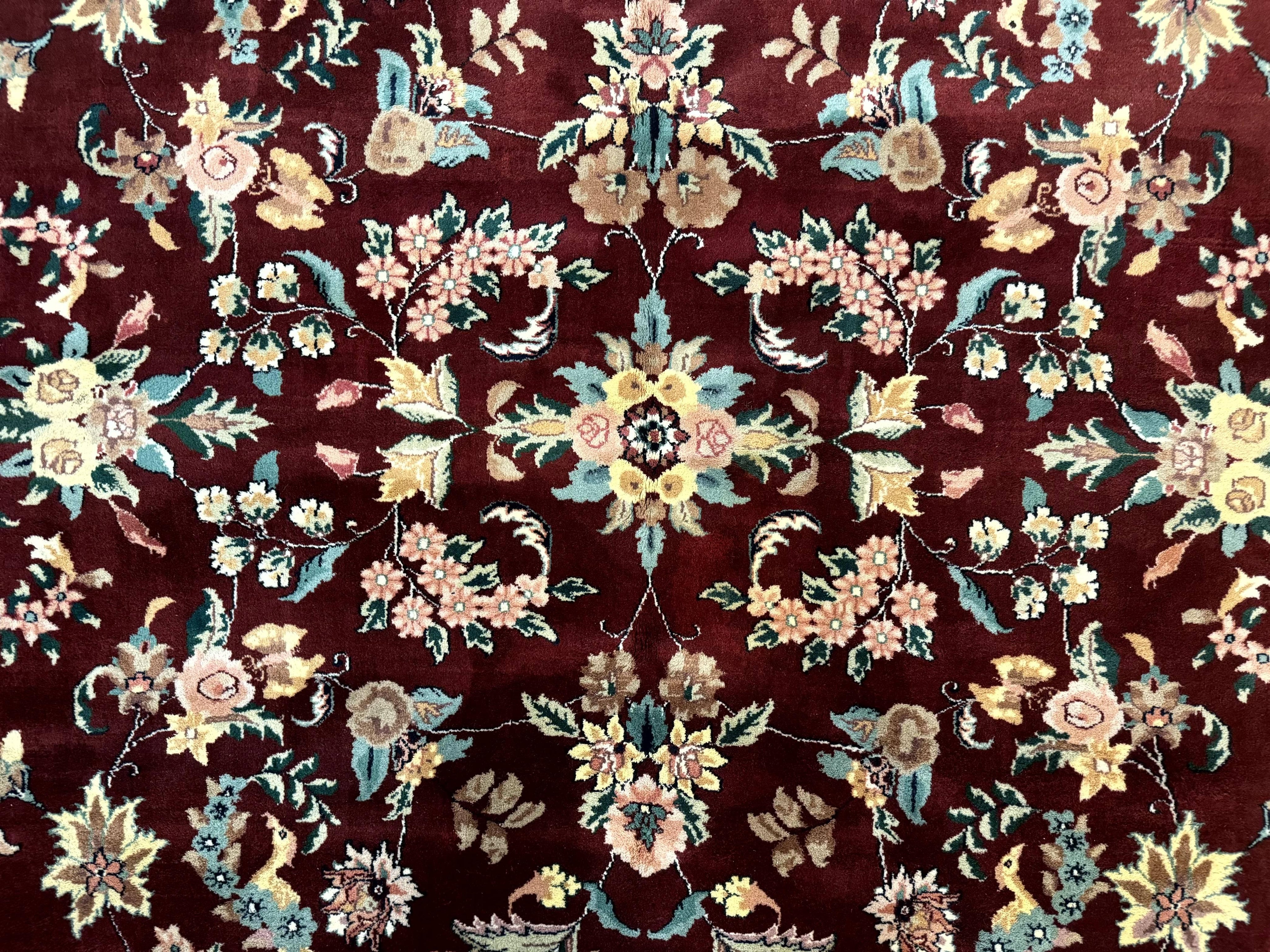 Indo Persian Rug 8x10, Floral Allover with Bird Pictorials, Maroon and Navy Blue, Handmade Wool Area Rug