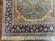 Light Blue Persian Isfahan Rug 5x8, Floral Medallion, Wool on Silk Foundation, Very Fine 530 KPSI, Handmade Carpet