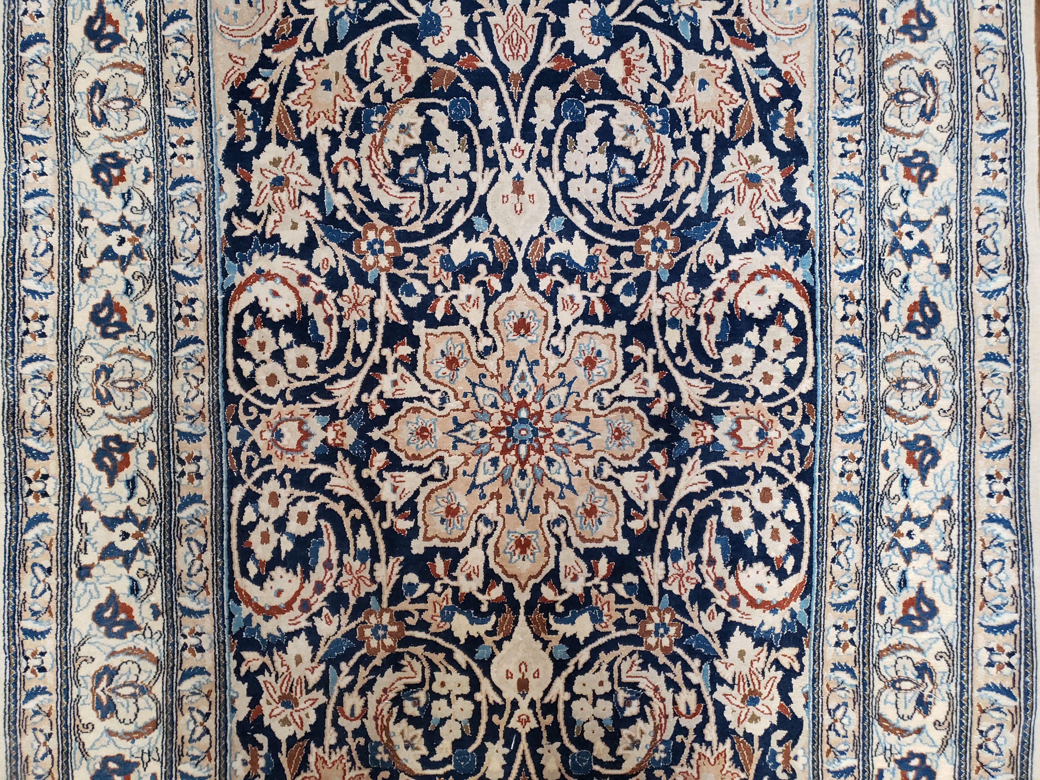 Semi Antique Fine Persian Nain Rug, Ivory & Blue, Wool with Silk Accents, 3'9" x 6'2"