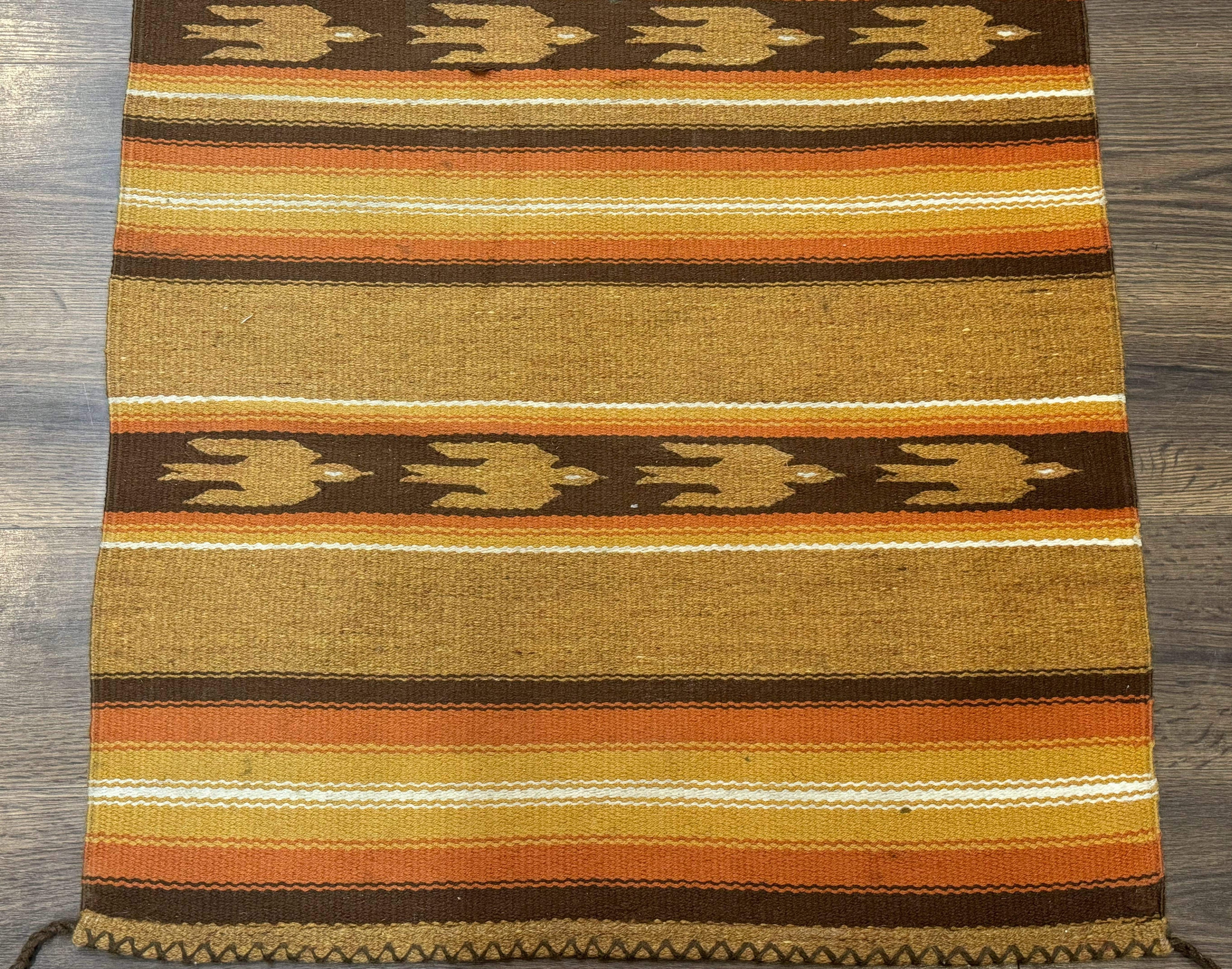 South American Rug Blanket 2.7 x 5.6, Wool, Handmade, Navajo Design, Orange Brown