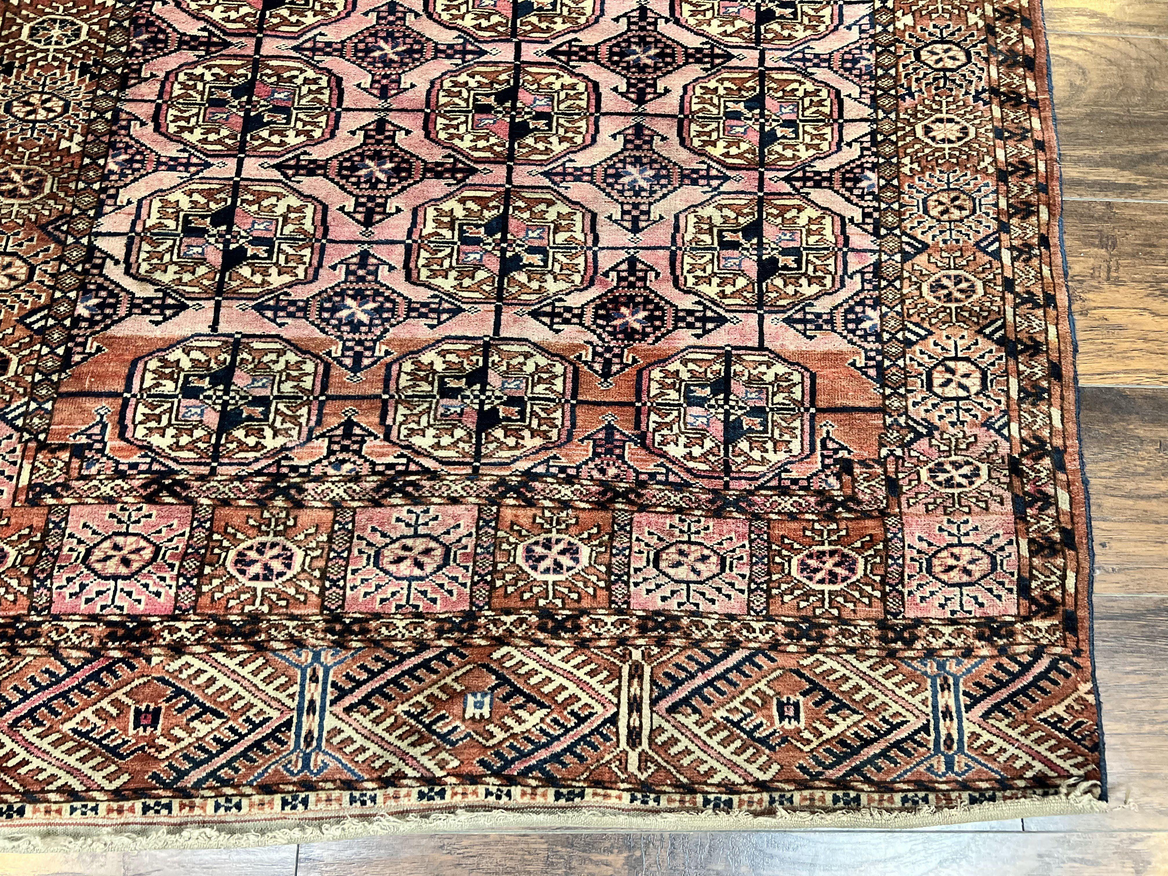 Persian Turkoman Rug 4x6, Wool Hand Knotted Antique Bokhara Carpet, Red Pink, Handmade Tribal Oriental Rug 4 x 6 ft