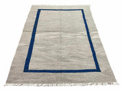 Geometric Turkish Kilim Rug 5' 7" x 7' 9", Flatweave Carpet, Minimal Design, Anatolian Carpet, Gray, Geometric, Dark Blue, Hand-Knotted, New