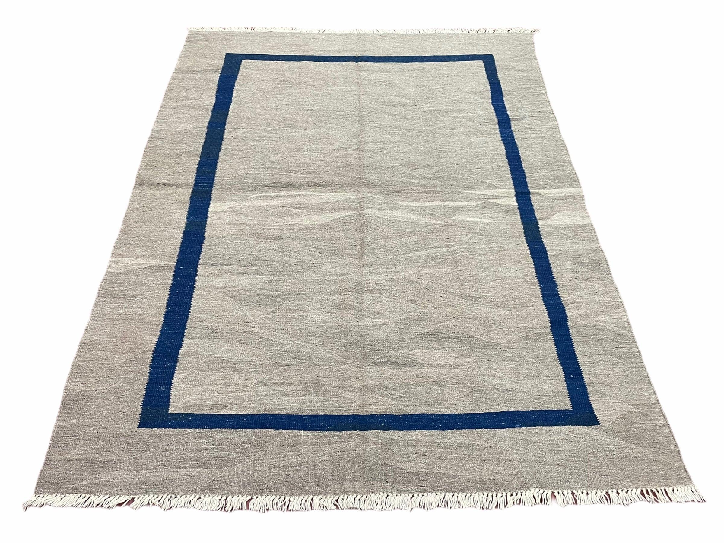 Geometric Turkish Kilim Rug 5' 7" x 7' 9", Flatweave Carpet, Minimal Design, Anatolian Carpet, Gray, Geometric, Dark Blue, Hand-Knotted, New