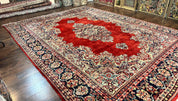 Persian Sarouk Rug 11x14, Semi Open Field, Large Antique Persian Wool Handmade Carpet, Red and Dark Blue, Floral
