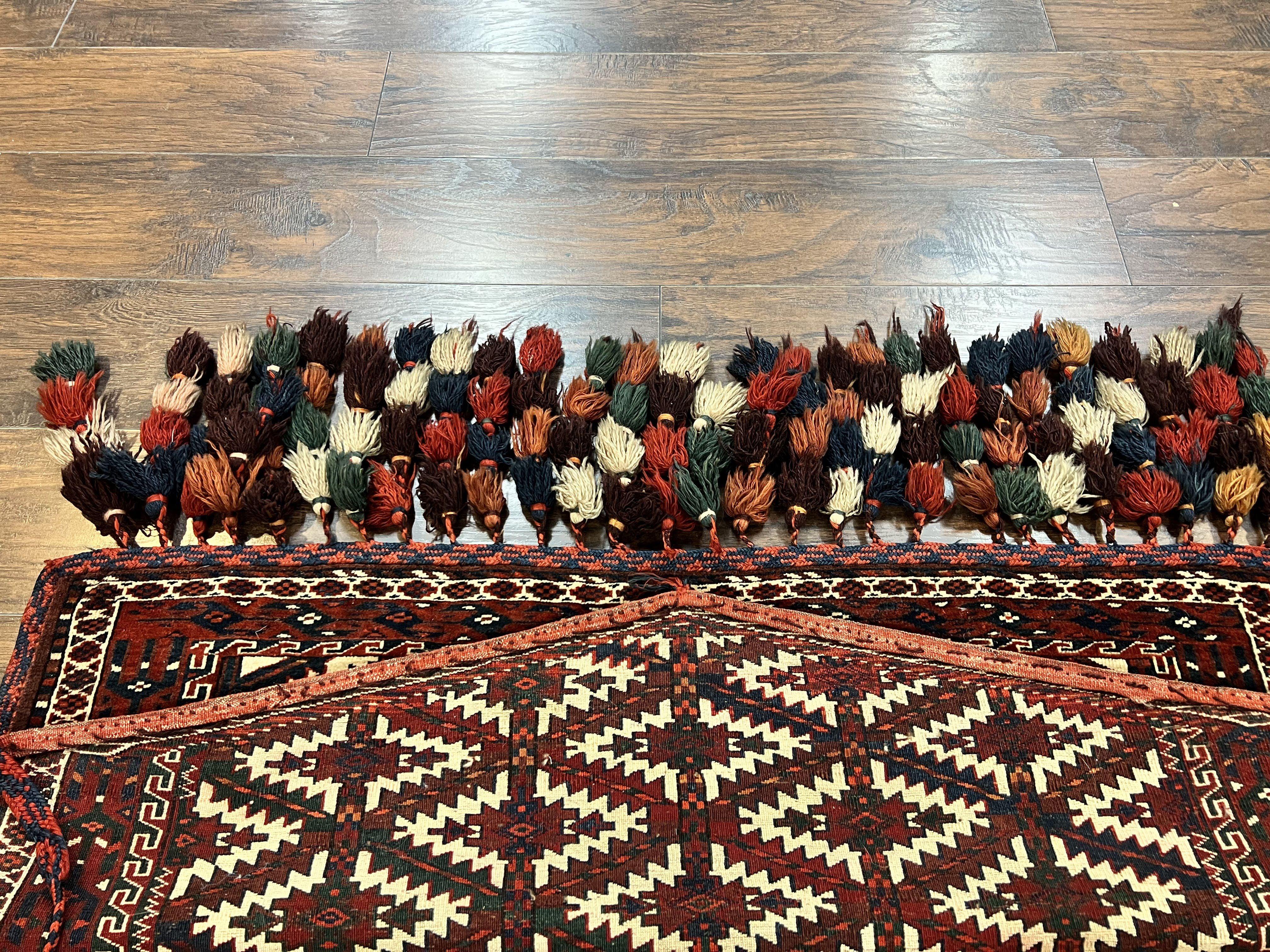 Antique Turkoman Camel Trapping, Turkoman Asmalyk, Red Black Ivory, Handmade, Hand Knotted Tribal Collectible Rug, Rare