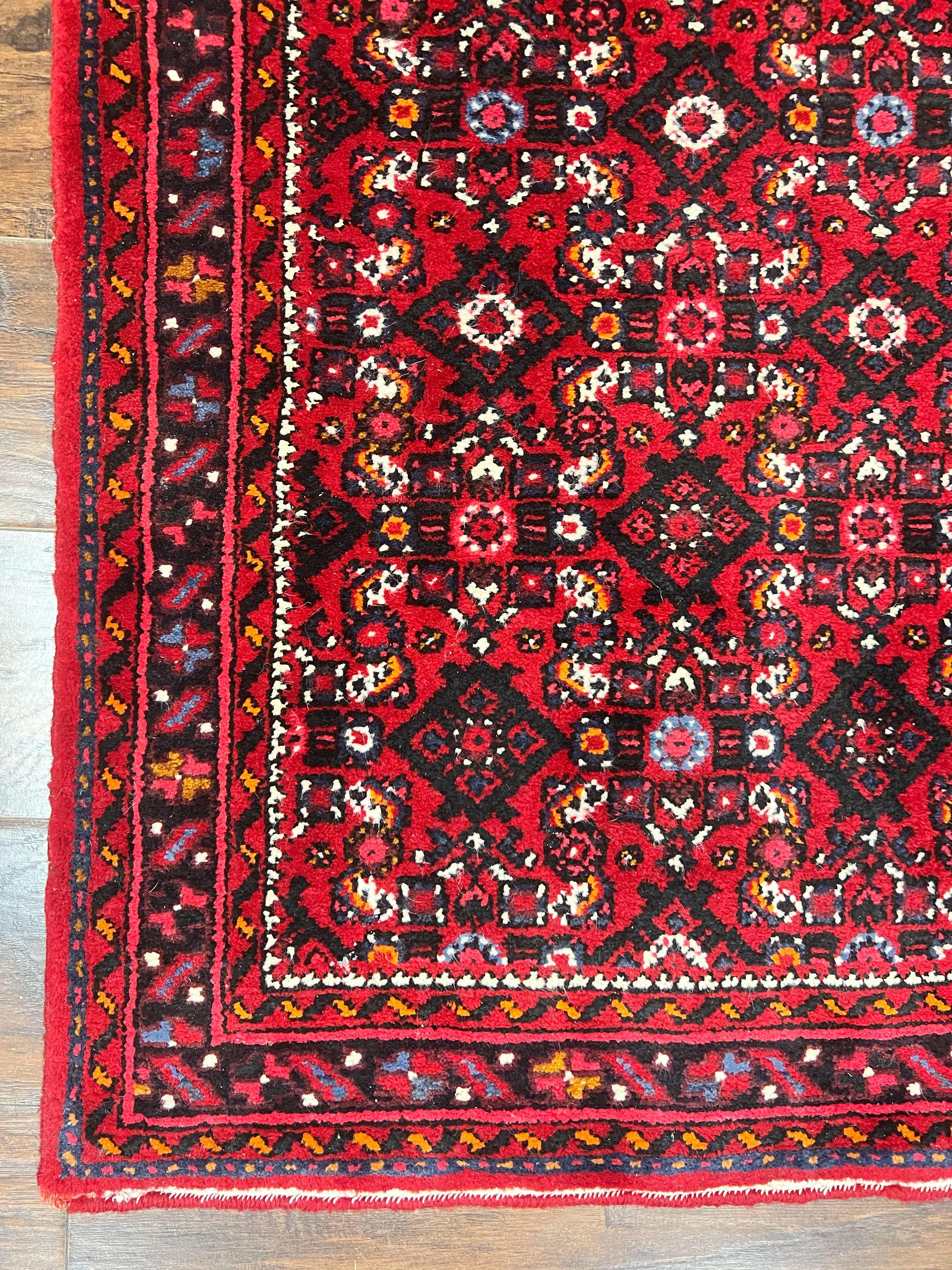 Persian Runner Rug 3 x 16, Wool Handmade Long Antique Hamadan Oriental Rug for Hallway, Red Tribal Rug, Allover Pattern, 3x16 Runner Rug