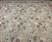 Aubusson Rug 9x12, Pink Beige Light Mauve, Handmade Allover Floral Roses, Wool Flatweave Carpet 9 x 12 ft, European French Design, Elegant