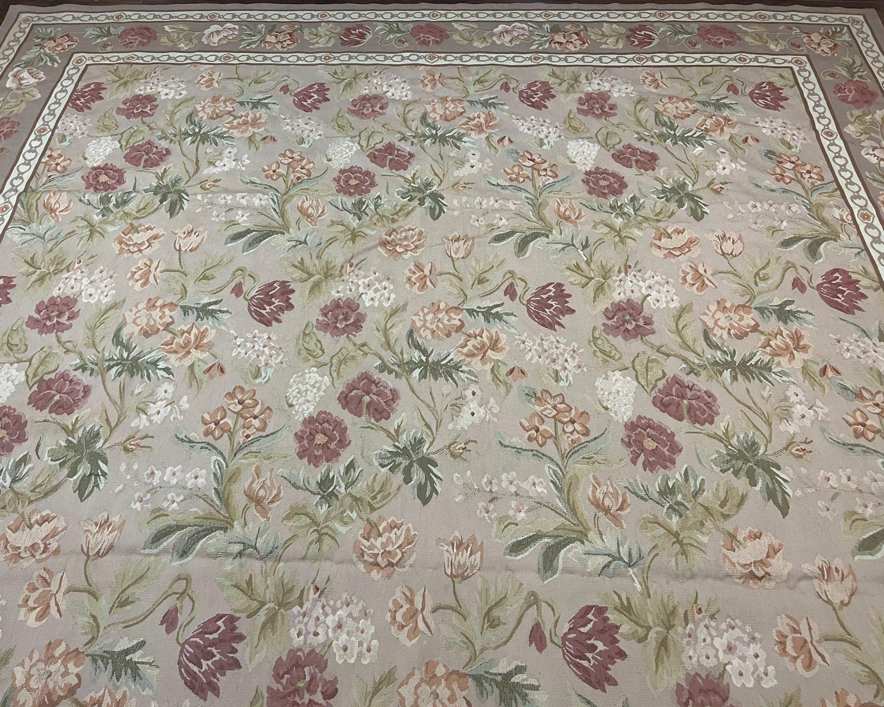 Aubusson Rug 9x12, Pink Beige Light Mauve, Handmade Allover Floral Roses, Wool Flatweave Carpet 9 x 12 ft, European French Design, Elegant