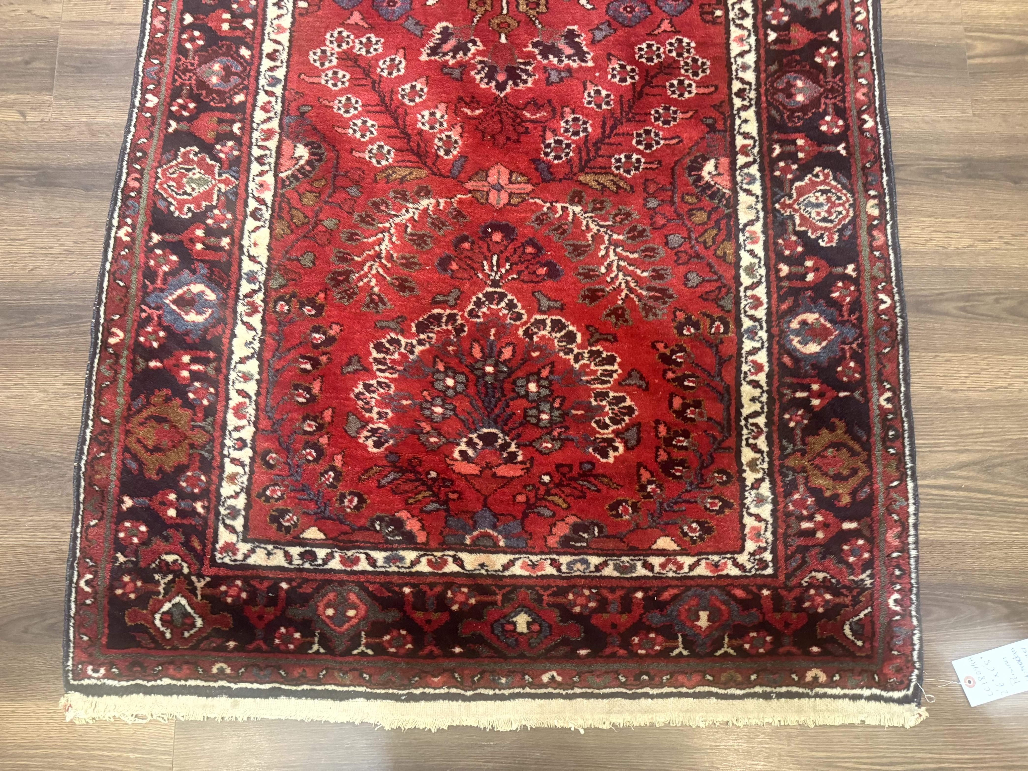 Red Persian Rug 2.6 x 6.8, Floral, Antique Per'sian Carpet, Persian Malayer Rug, Hamadan Rug