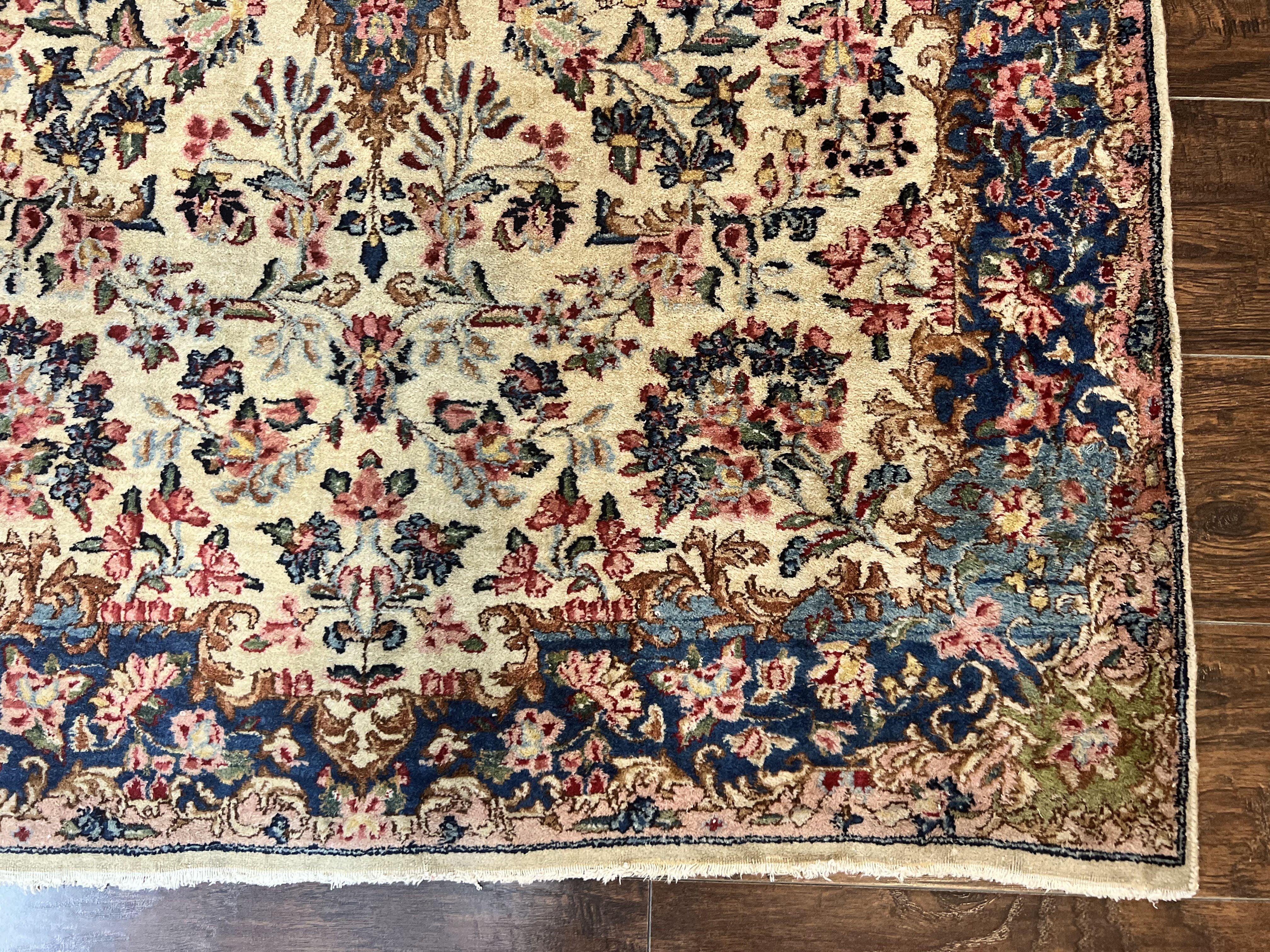 Antique Persian Kirman Rug 4x7, Cream and Navy Blue, Hand Knotted Wool Floral Carpet