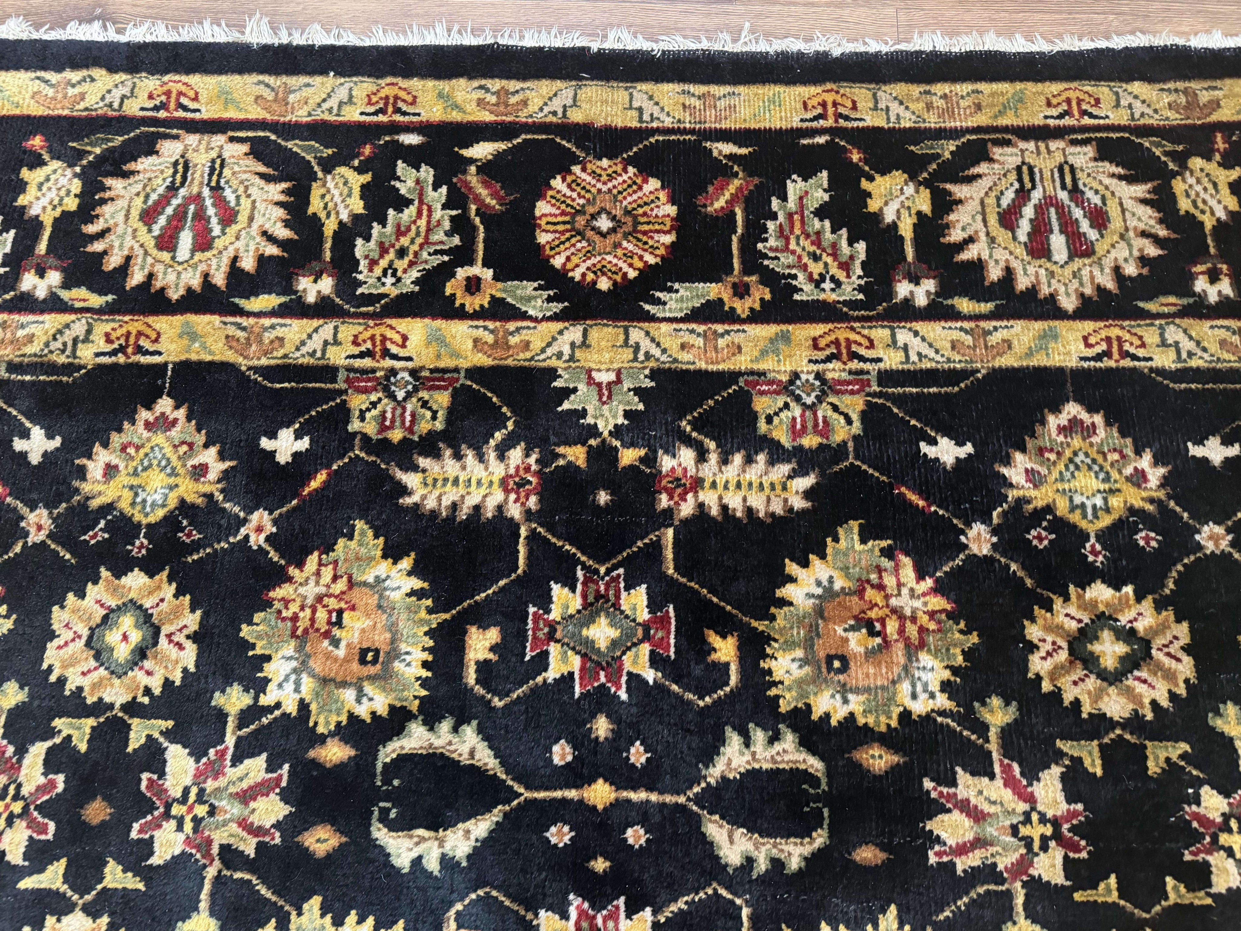 Indo Persian Mahal Rug 8x10, Black and Gold, Wool Hand Knotted Oriental Carpet