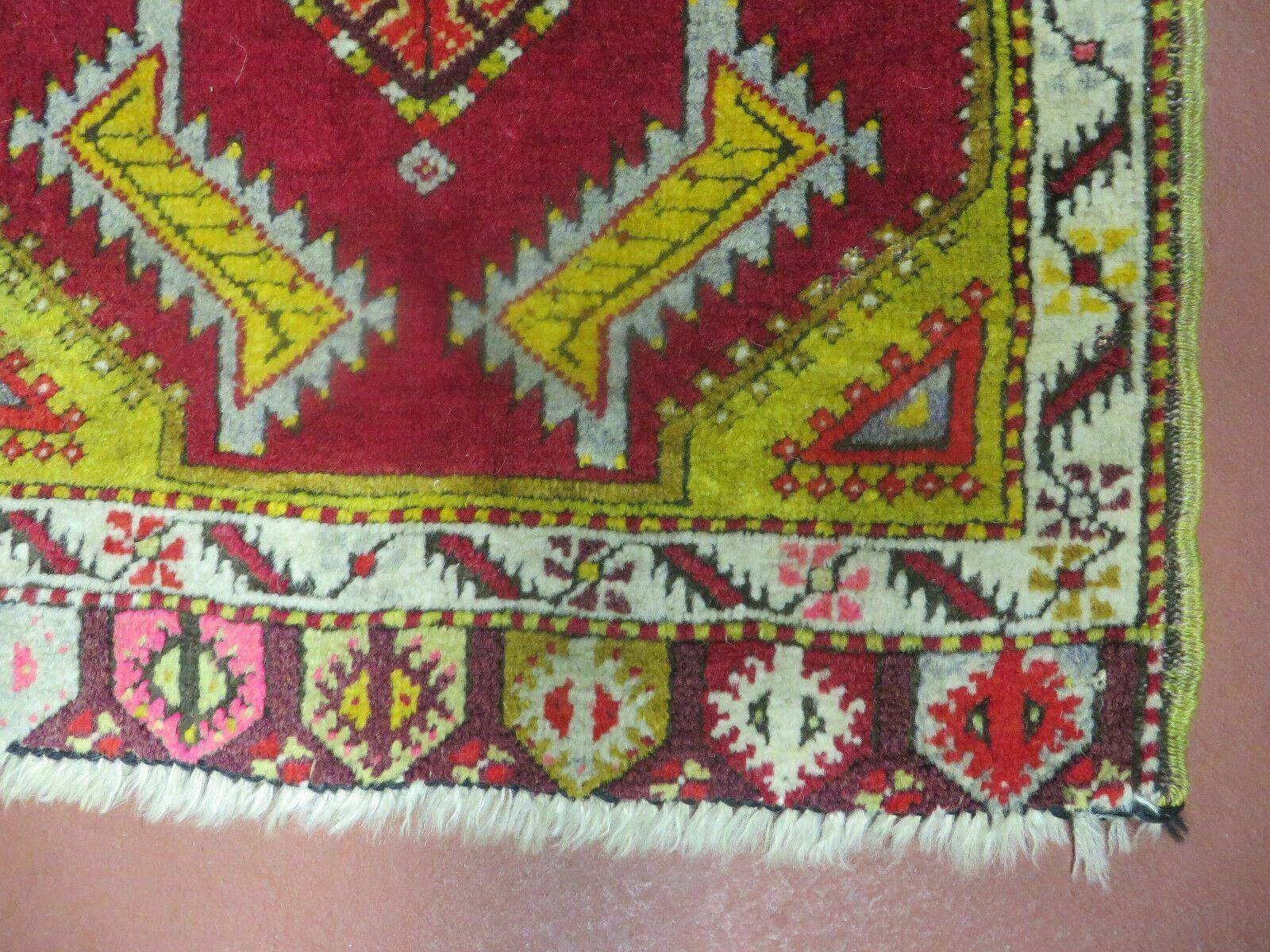 Antique Turkish Yastik Rug 2x3, Handmade Wool Oushak Small Oriental Carpet Red