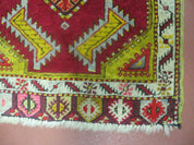 Antique Turkish Yastik Rug 2x3, Handmade Wool Oushak Small Oriental Carpet Red