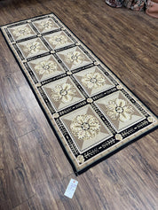 Needlepoint Runner Rug 3x8 Panel Design Rug, Flatweave Runner Rug, English Design, Floral, Short Runner Rug, Black and Beige Wool Hand-Woven