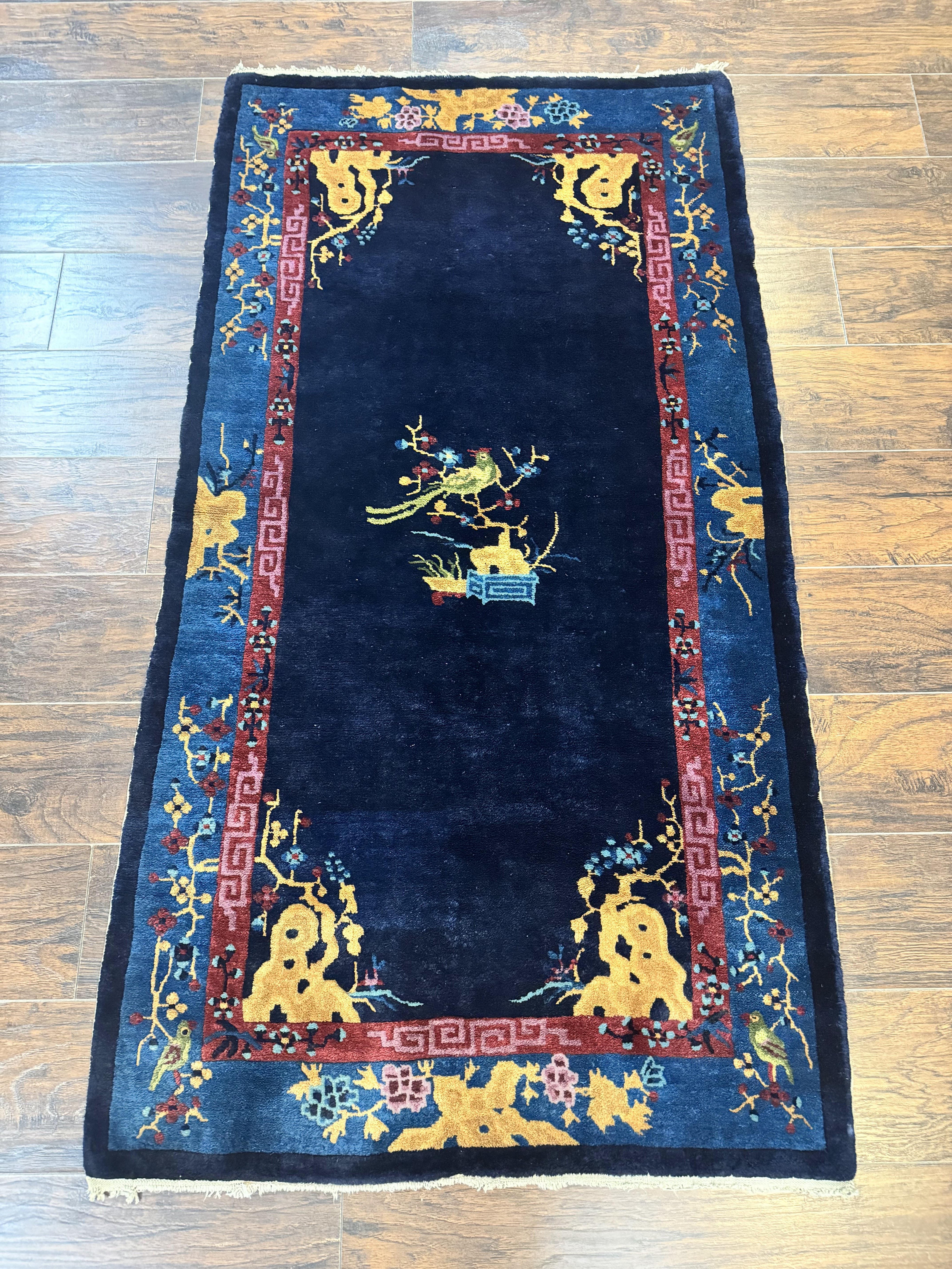 Antique Chinese Peking Rug 3x6, Dark Blue, Bird Motif, Handmade Wool Art Deco Asian Oriental Carpet, Pair A