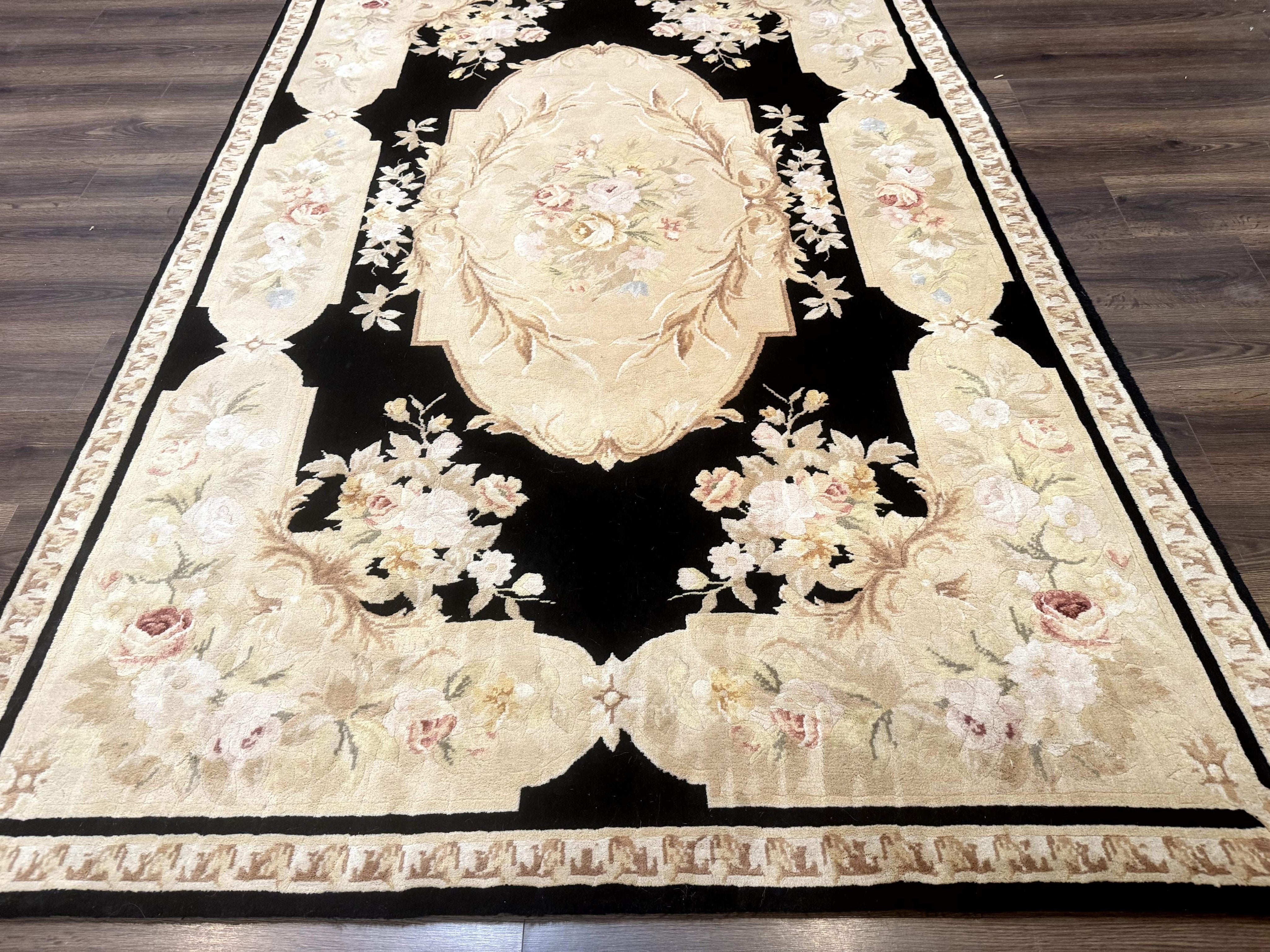 Chinese Aubusson Rug 6x9, Wool Pile, Black, Floral, Elegant