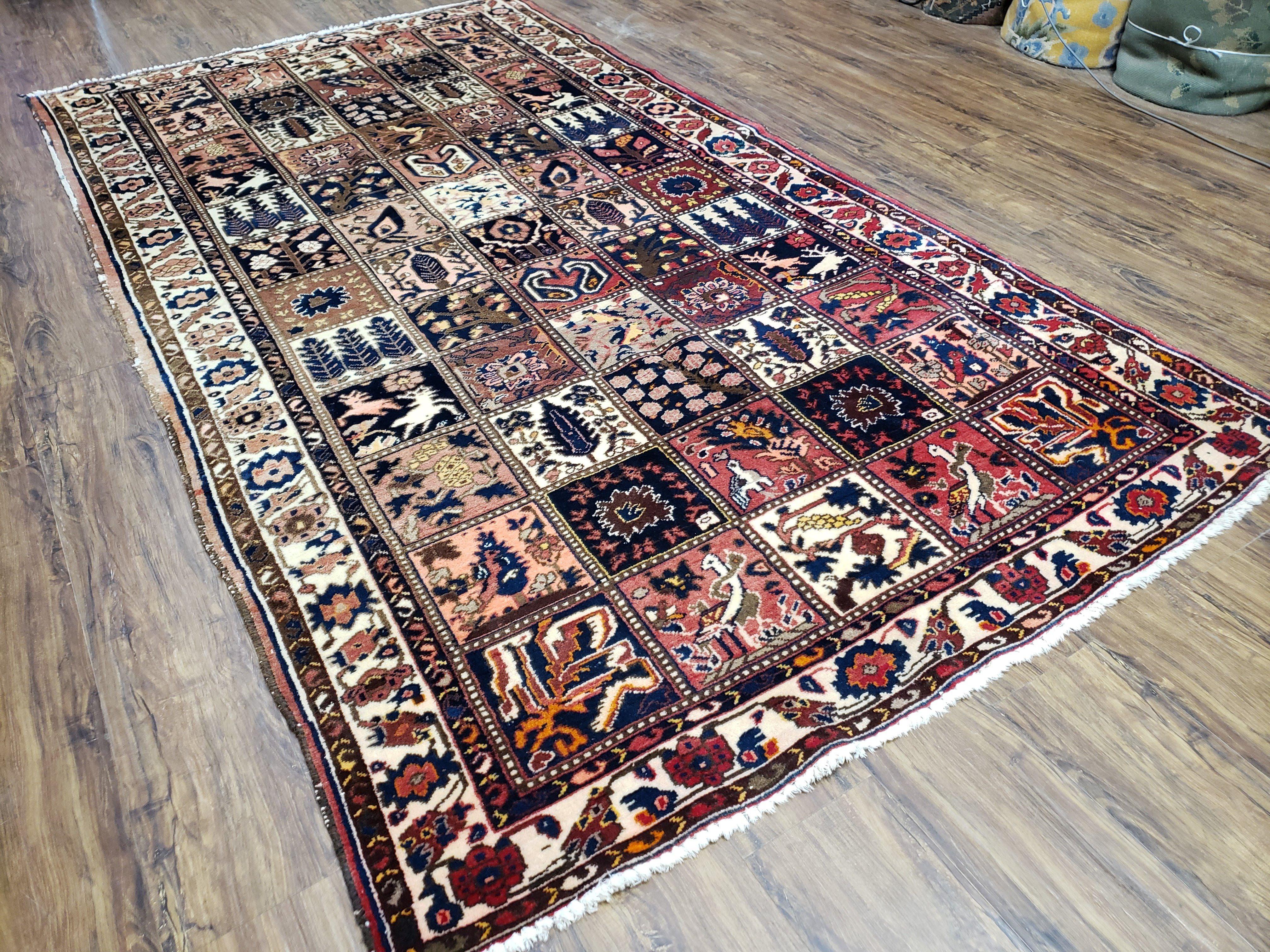 Antique Persian Bakhtiari Rug circa 1920s, Kheshti Panel Design, Wool, Hand-Knotted, 5'3" x 10'