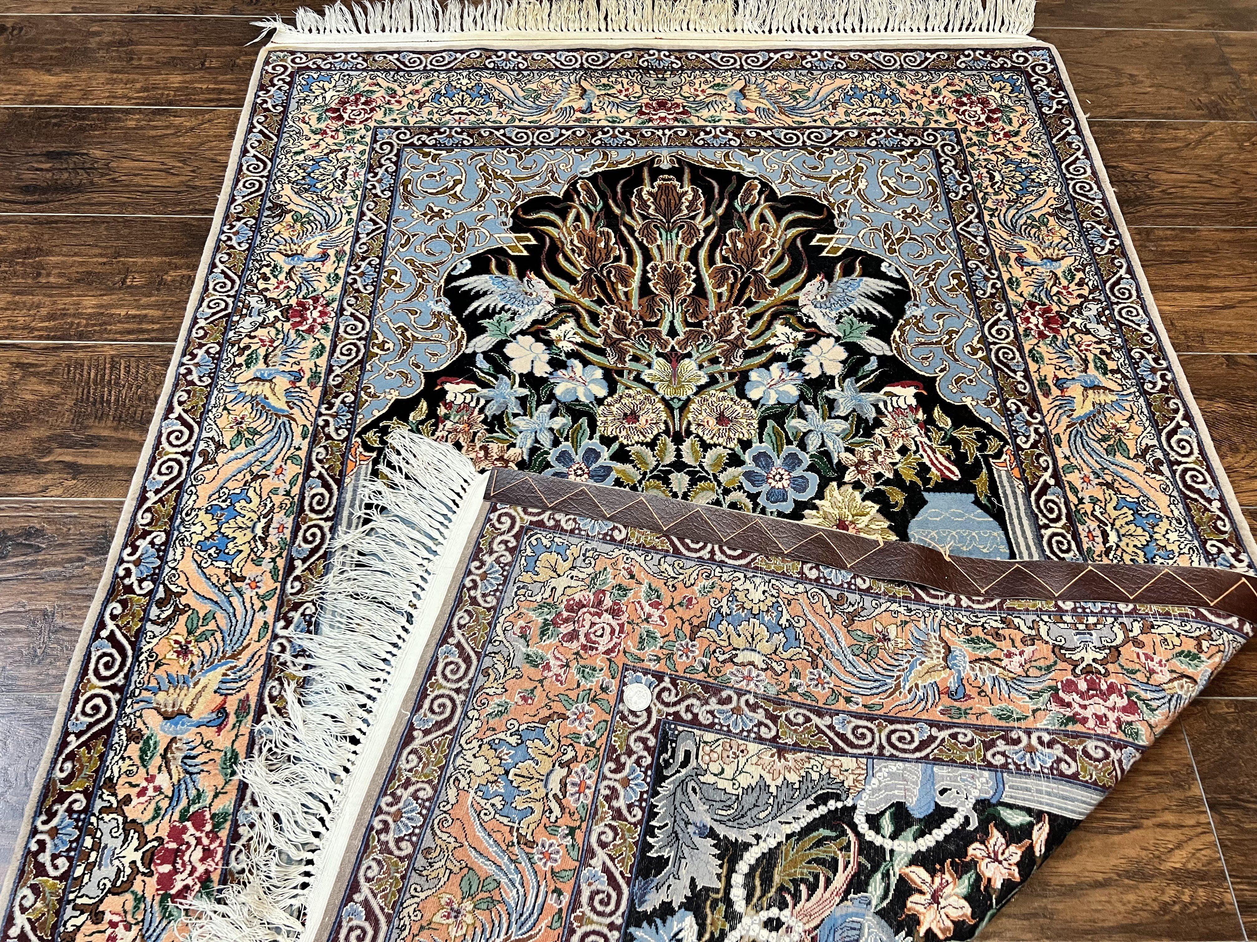 Wonderful Persian Isfahan Rug 3.7 x 5, Kork Wool on Silk Foundation, Very Fine 460 KPSI, Tree of Life Persian Vase Design Animal Pictorials Peacocks