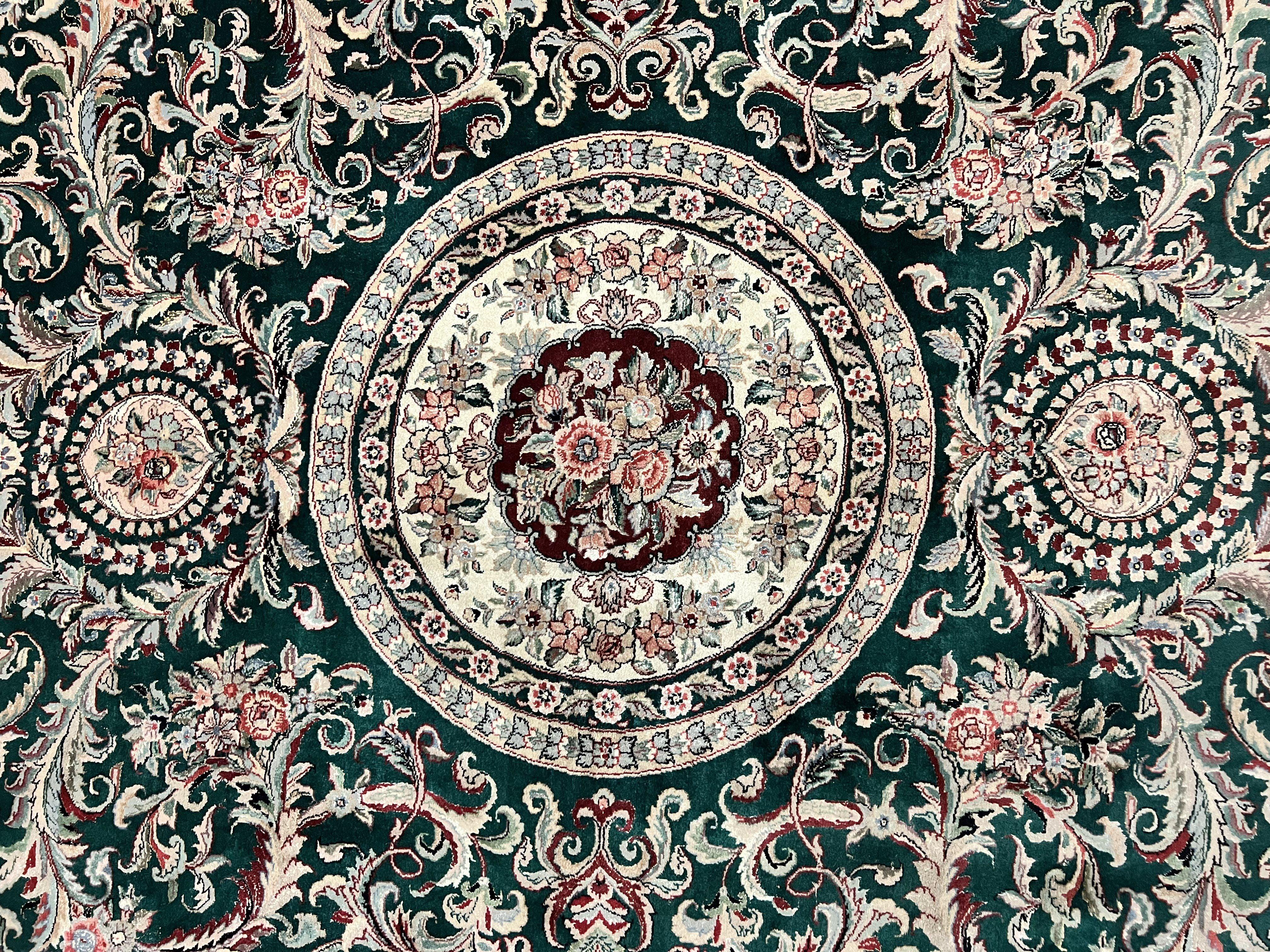 Pak Persian Rug 9x12, Dark Green and Cream, Floral Medallion, Elegant Handmade Wool Carpet 9 x 12