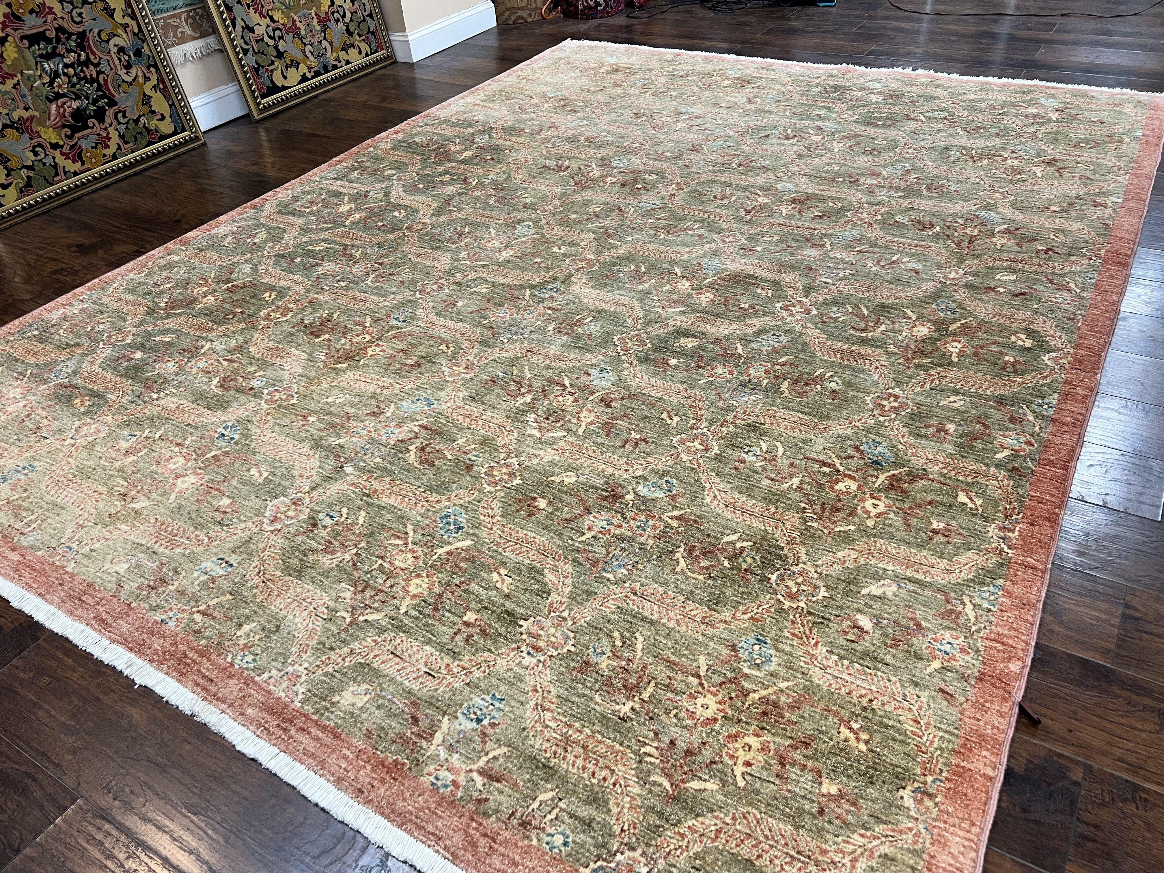 Large Modern Pakistani Rug 9x12, Handmade Wool Carpet, Peshawar Rug, Hand Knotted Oriental Rug, Contemporary, Floral, Light Green