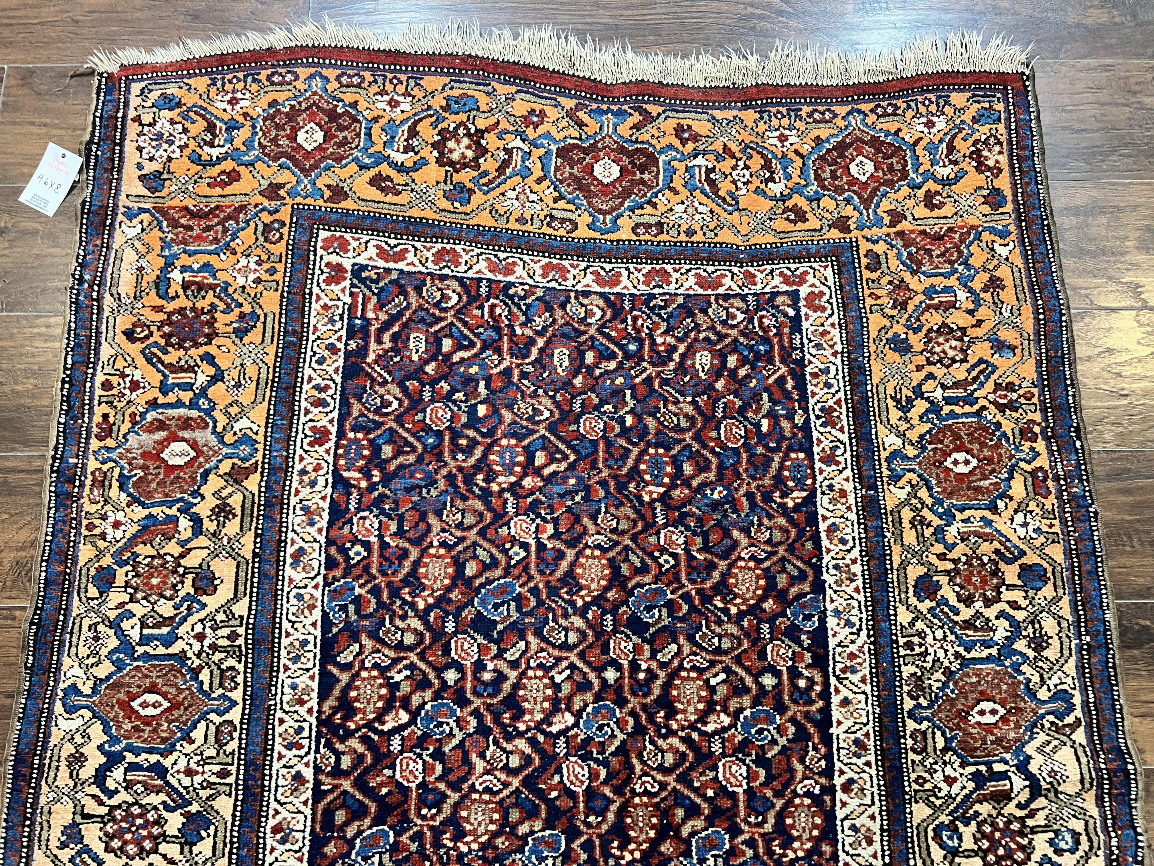 Persian Senneh Rug 4x8, Wool Hand Knotted Antique Kurdish Carpet, Navy Blue Oriental Area Rug, 4 x 8 Rug