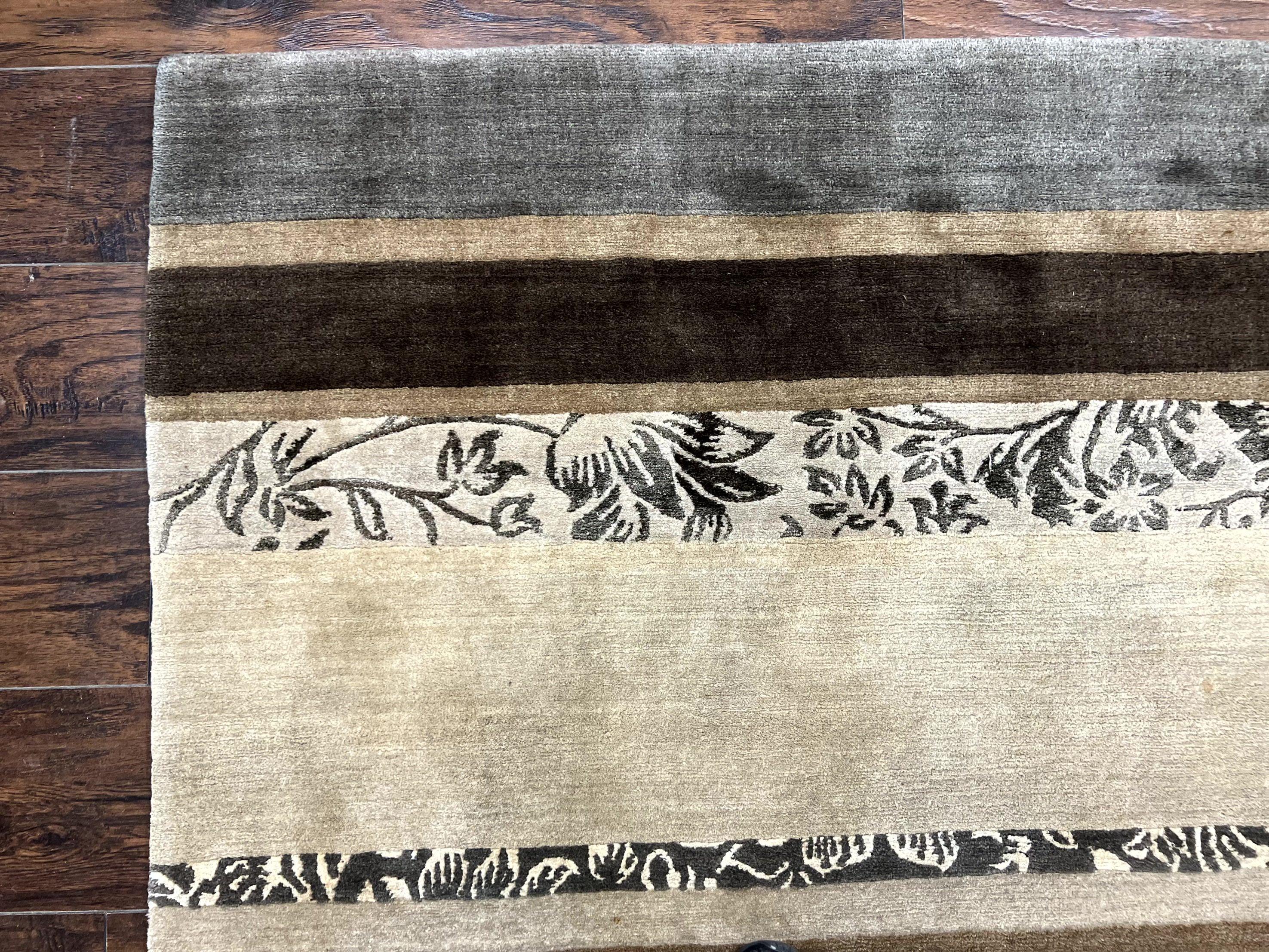 Modern Tibetan Nepali Rug 8x12, Stripe Pattern, Wool with Silk Highlights, Handmade, Beige Tan Brown